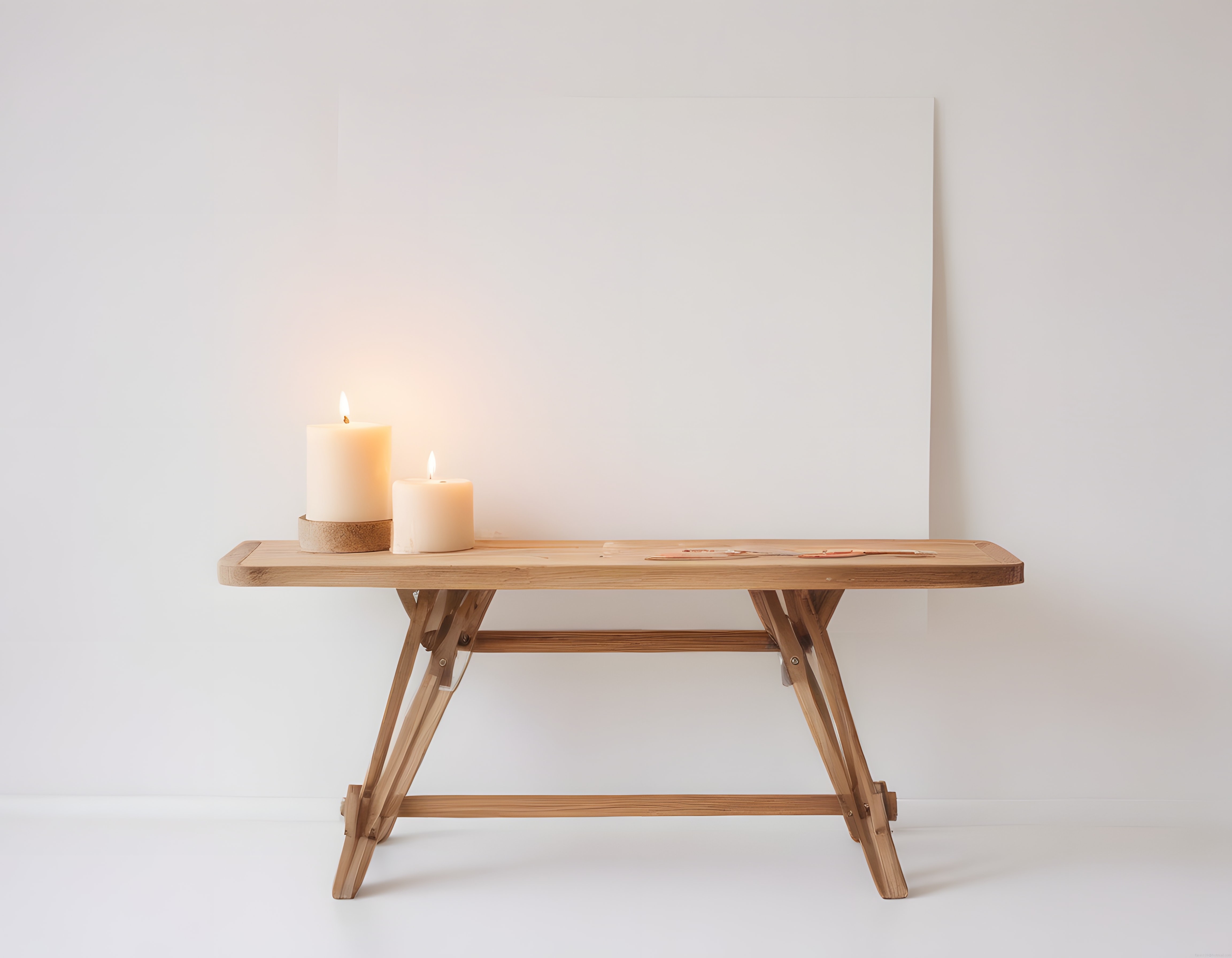 Minimalist İç Mekanda Doğal Ahşap Sehpa Üzerinde Yanan Mumların Sıcak Işığı