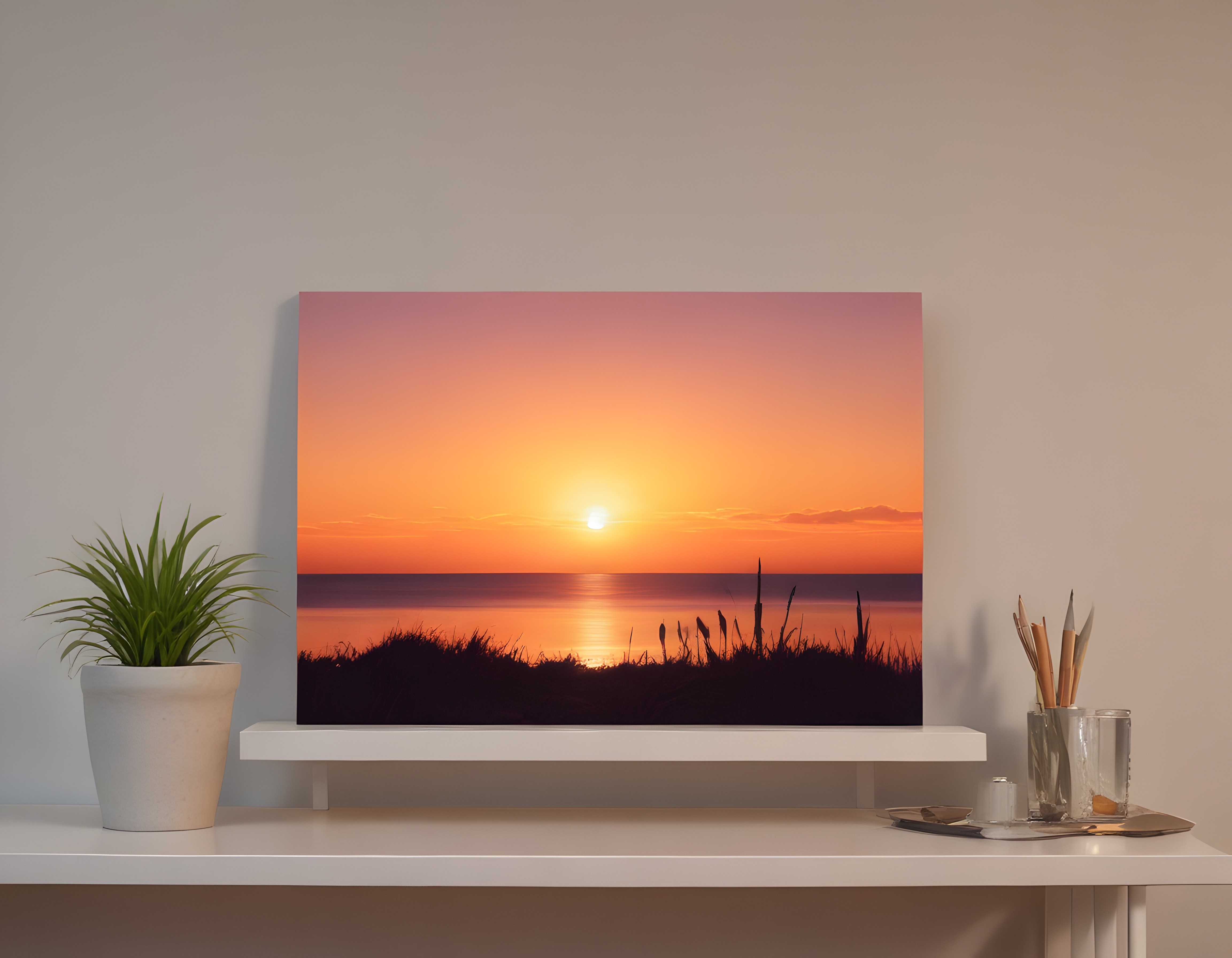 Minimalist İç Mekanda Gün Batımı Deniz Manzarası Tablo ve Dekoratif Bitki