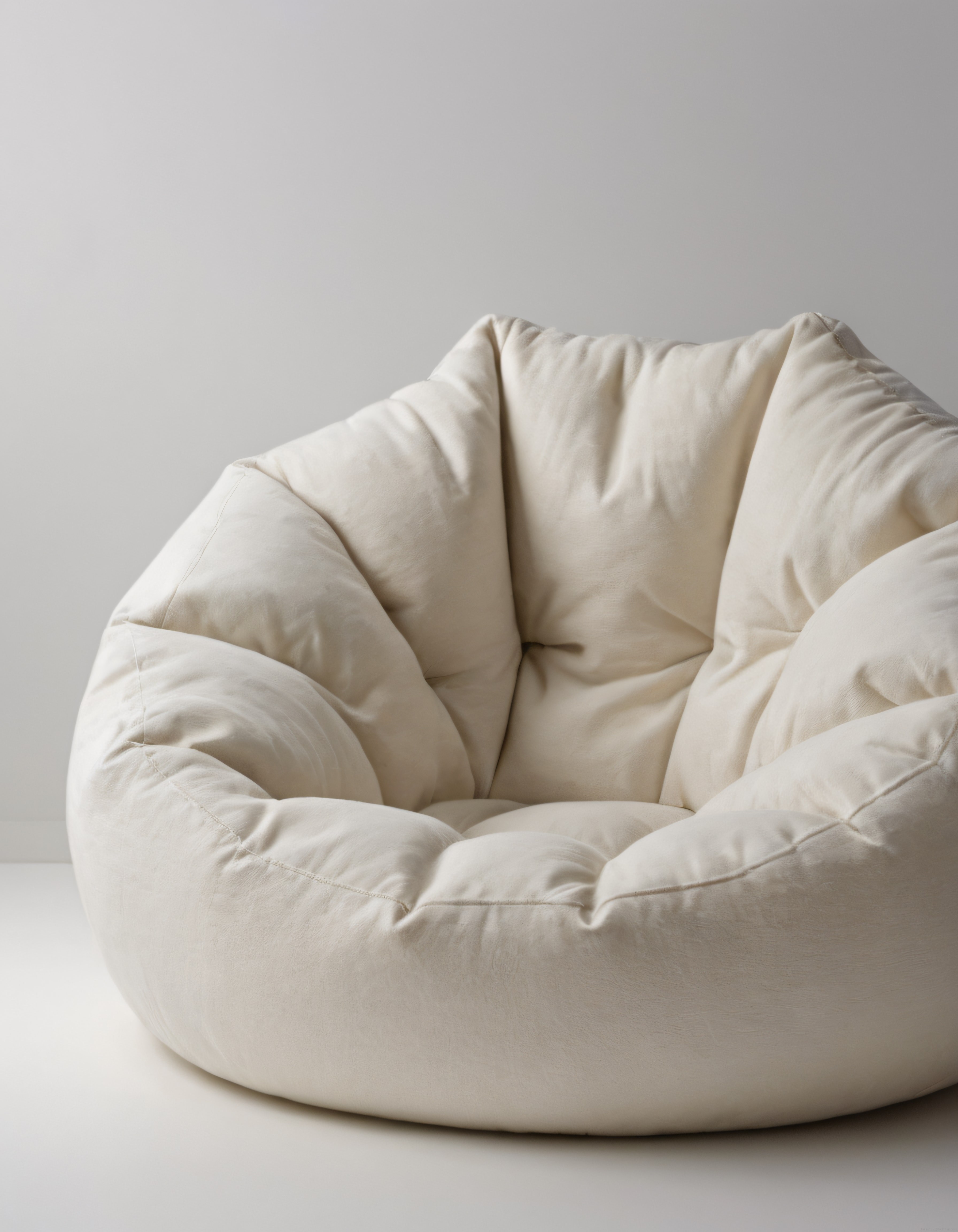 Minimalist iç mekanda krem renkli kadife bean bag puf koltuk dekorasyonu