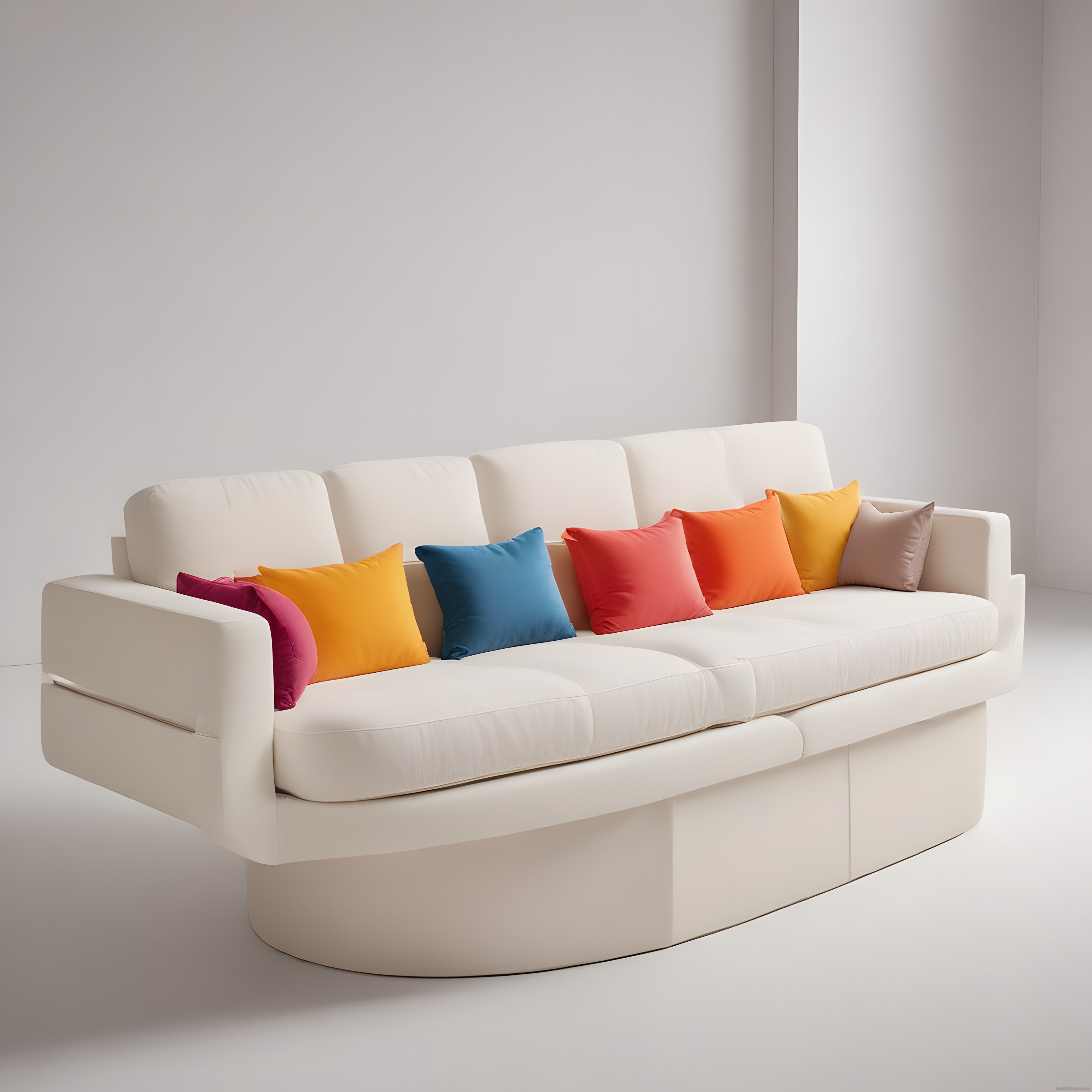 Minimalist iç mekanda renkli kırlentlerle süslenmiş modern beyaz kanepe