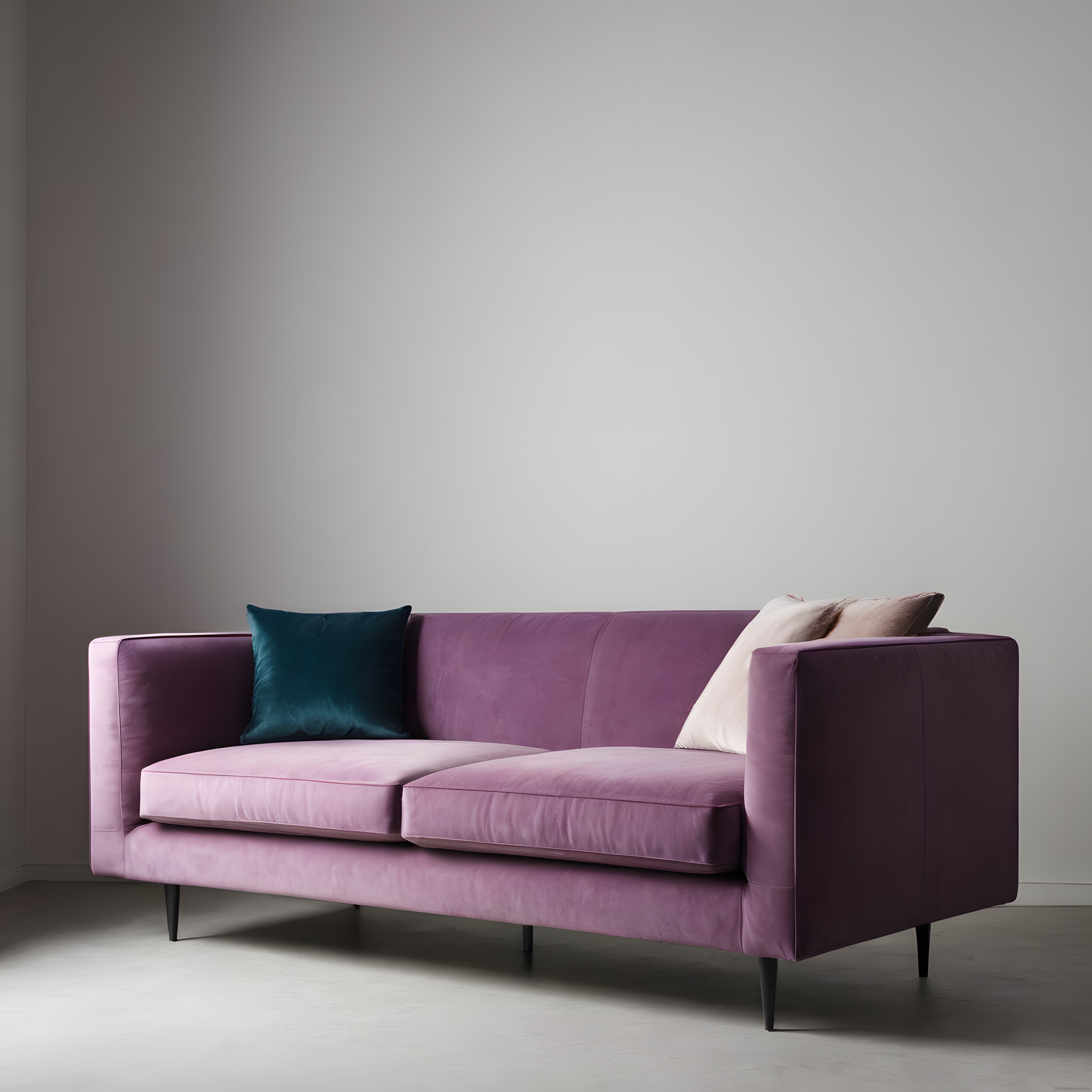 minimalist iç mekanda şık mor kadife kanepe ve dekoratif yastıklar