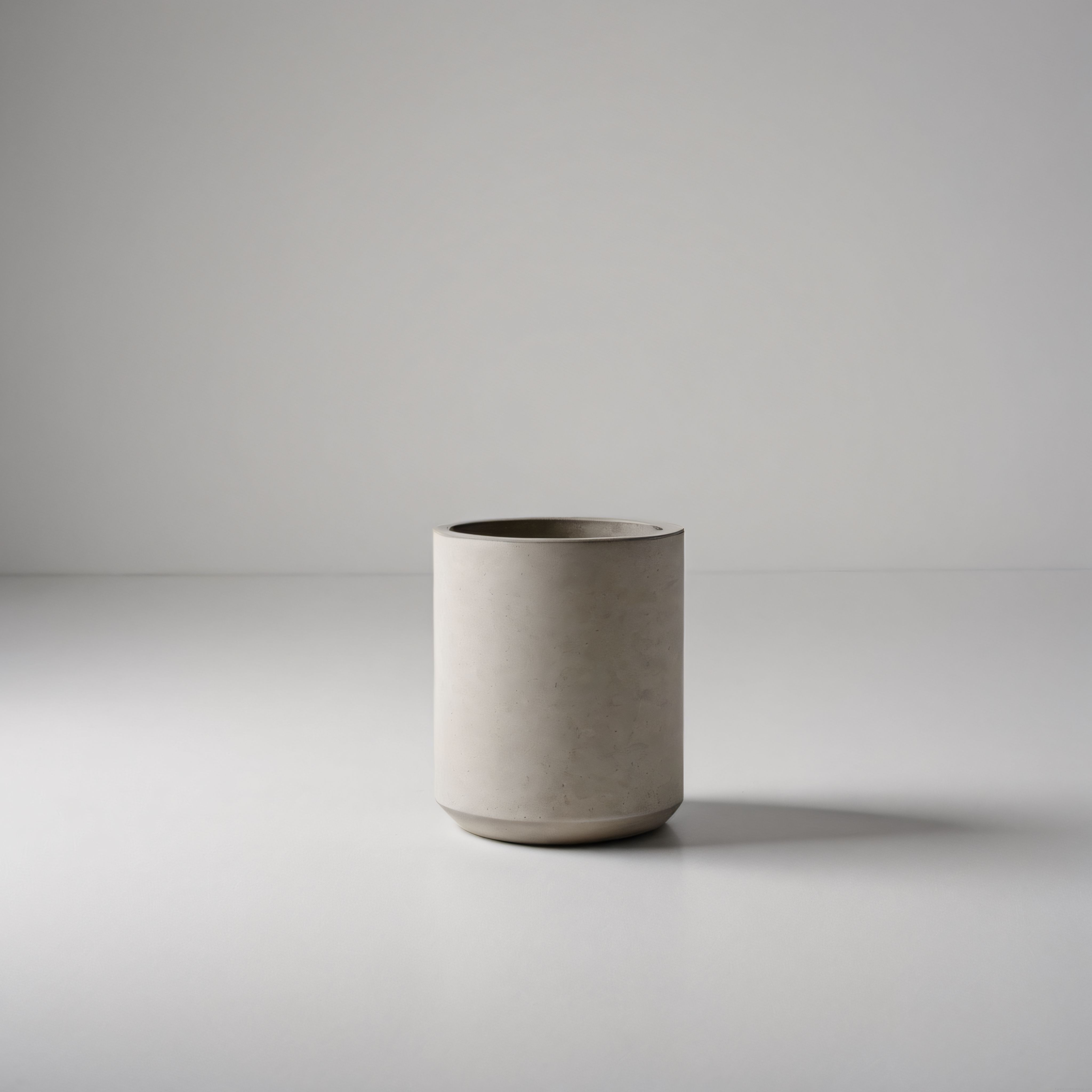 Minimalist iç mekanda silindirik beton dokulu modern saksı tasarımı