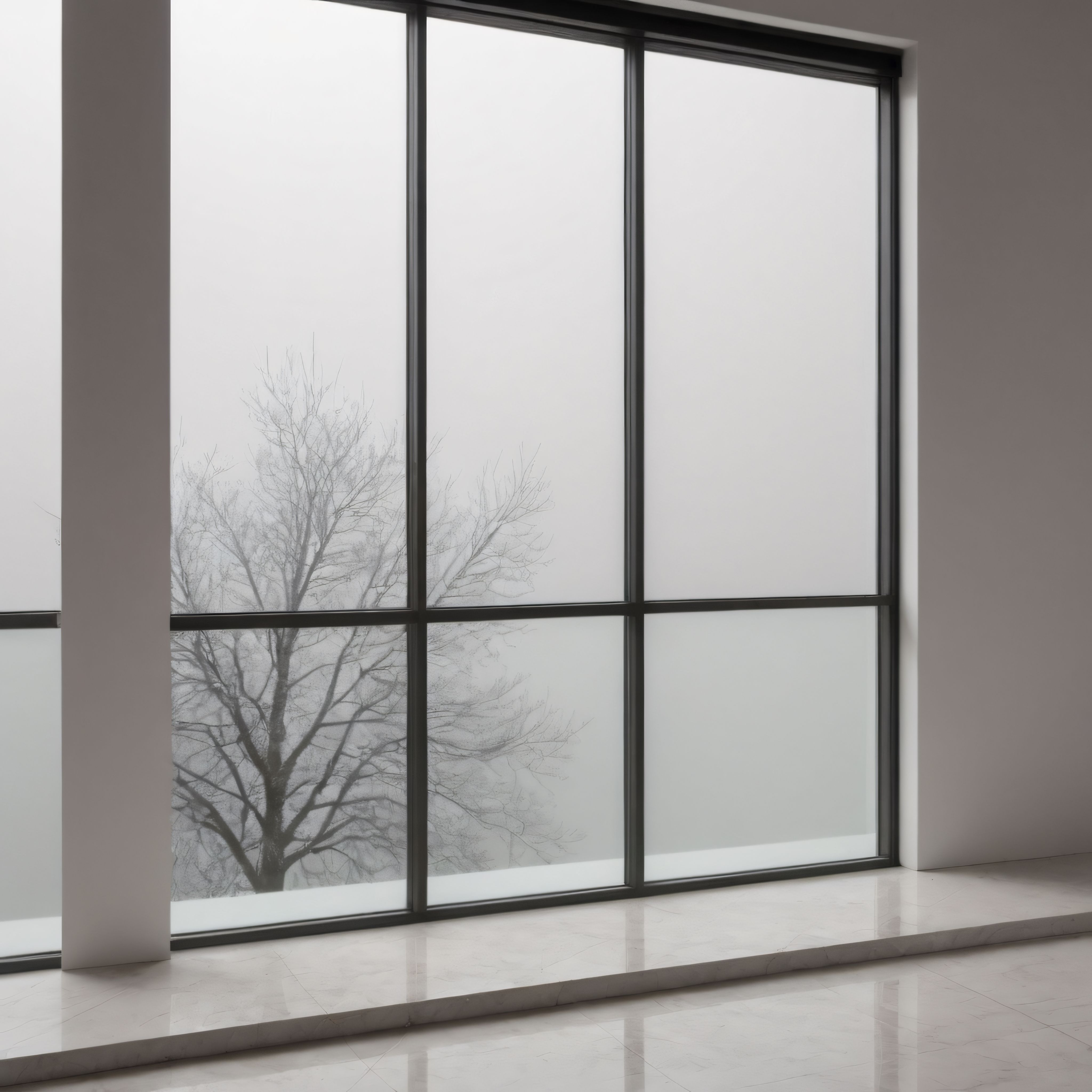 Minimalist iç mekanda sisli pencere manzarası ve çıplak ağaçlar