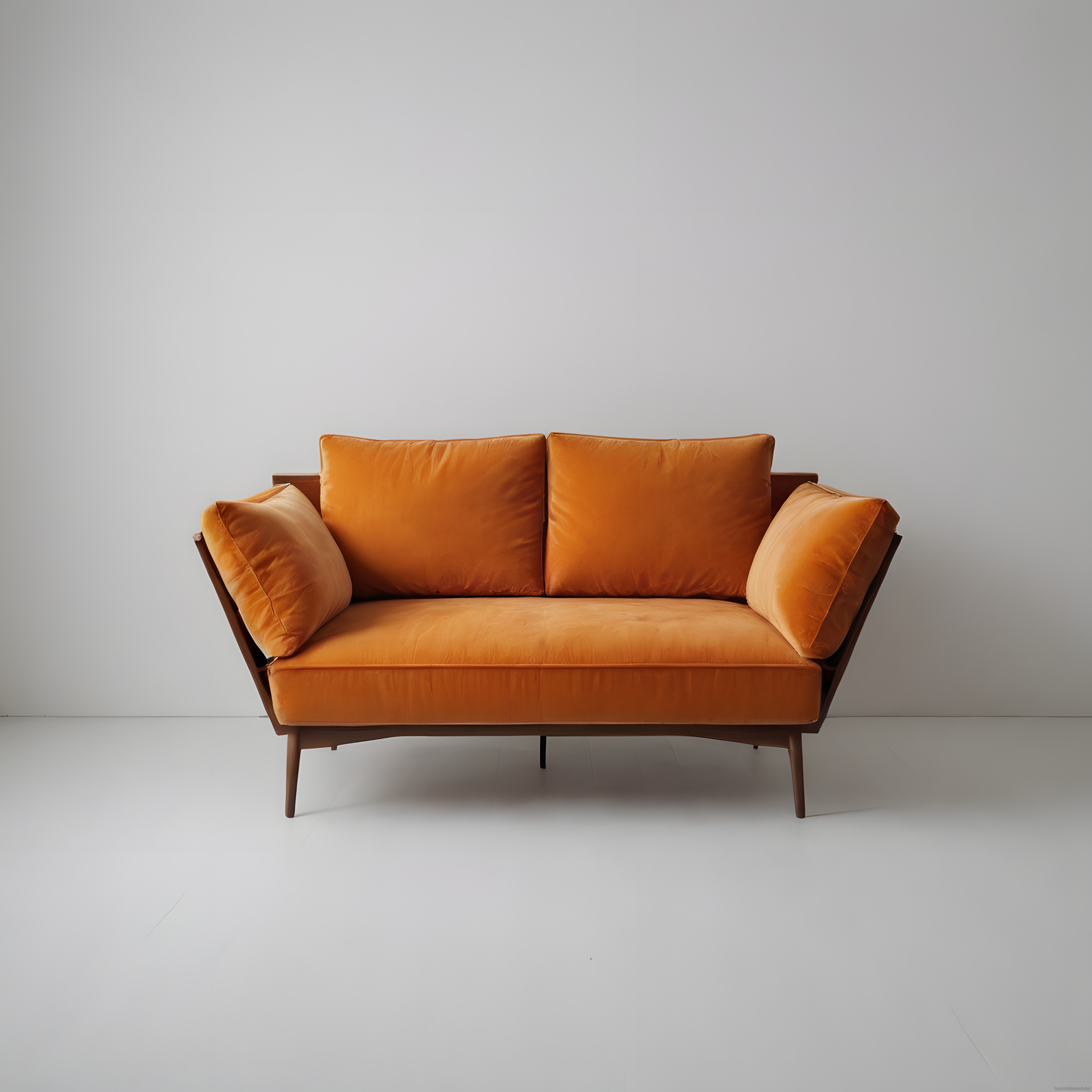 Minimalist iç mekânda turuncu kadife kanepe ve modern ev dekorasyonu