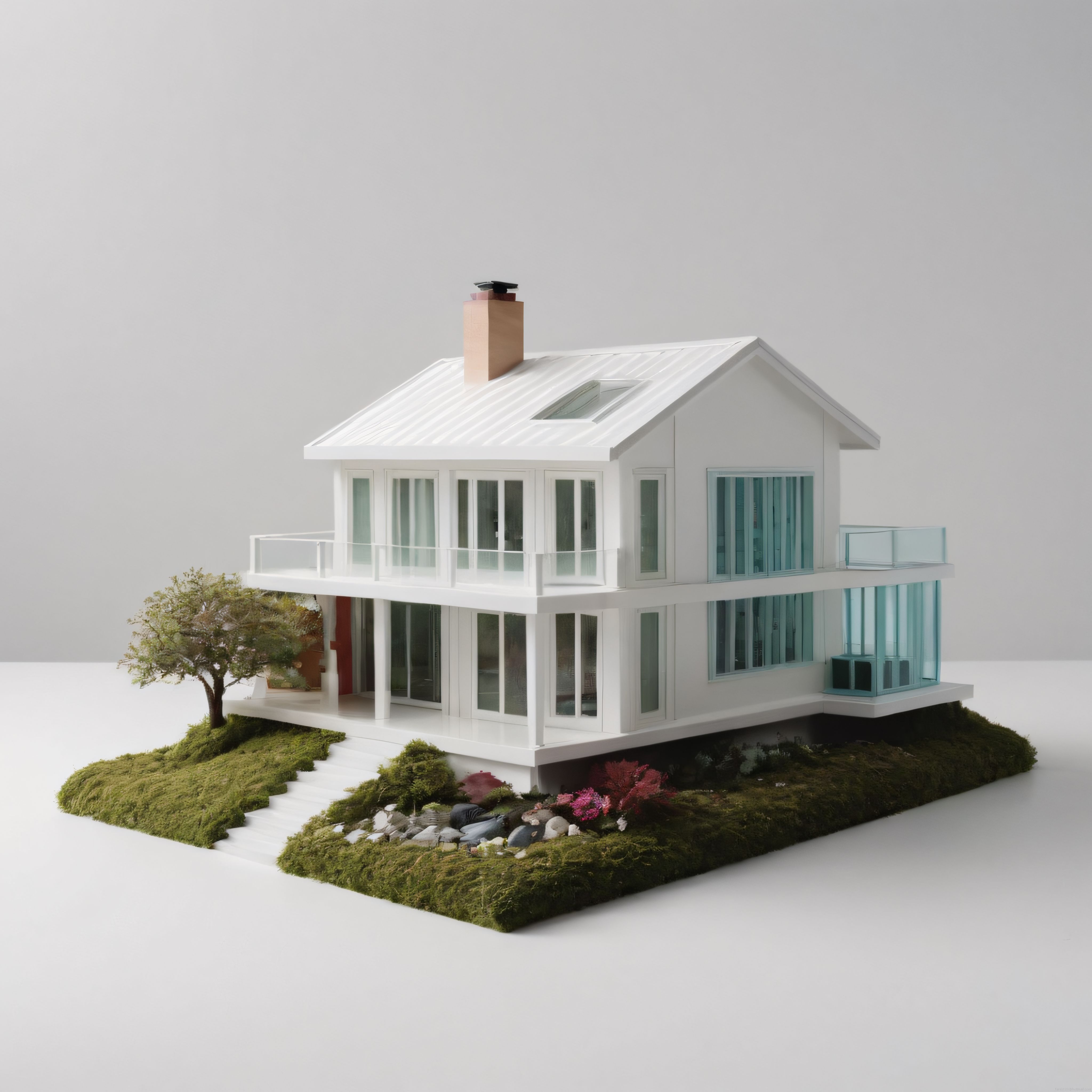 Minimalist iki katlı villa maketi, beyaz zeminde modern ev modeli ve peyzaj