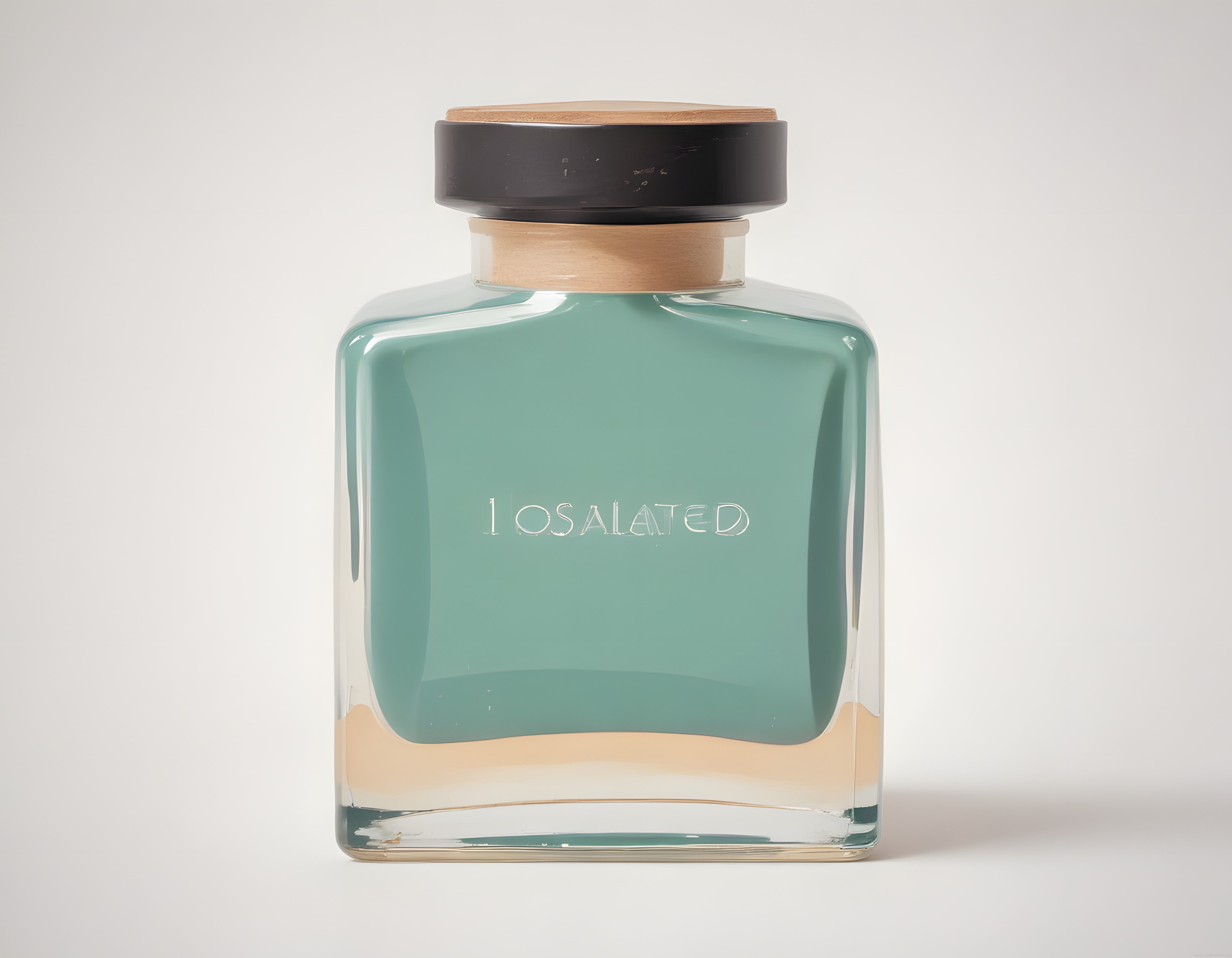 Minimalist IOSALATED Parfüm Şişesi: Turkuaz Sıvı ve Şık Ahşap Kapak Detayı