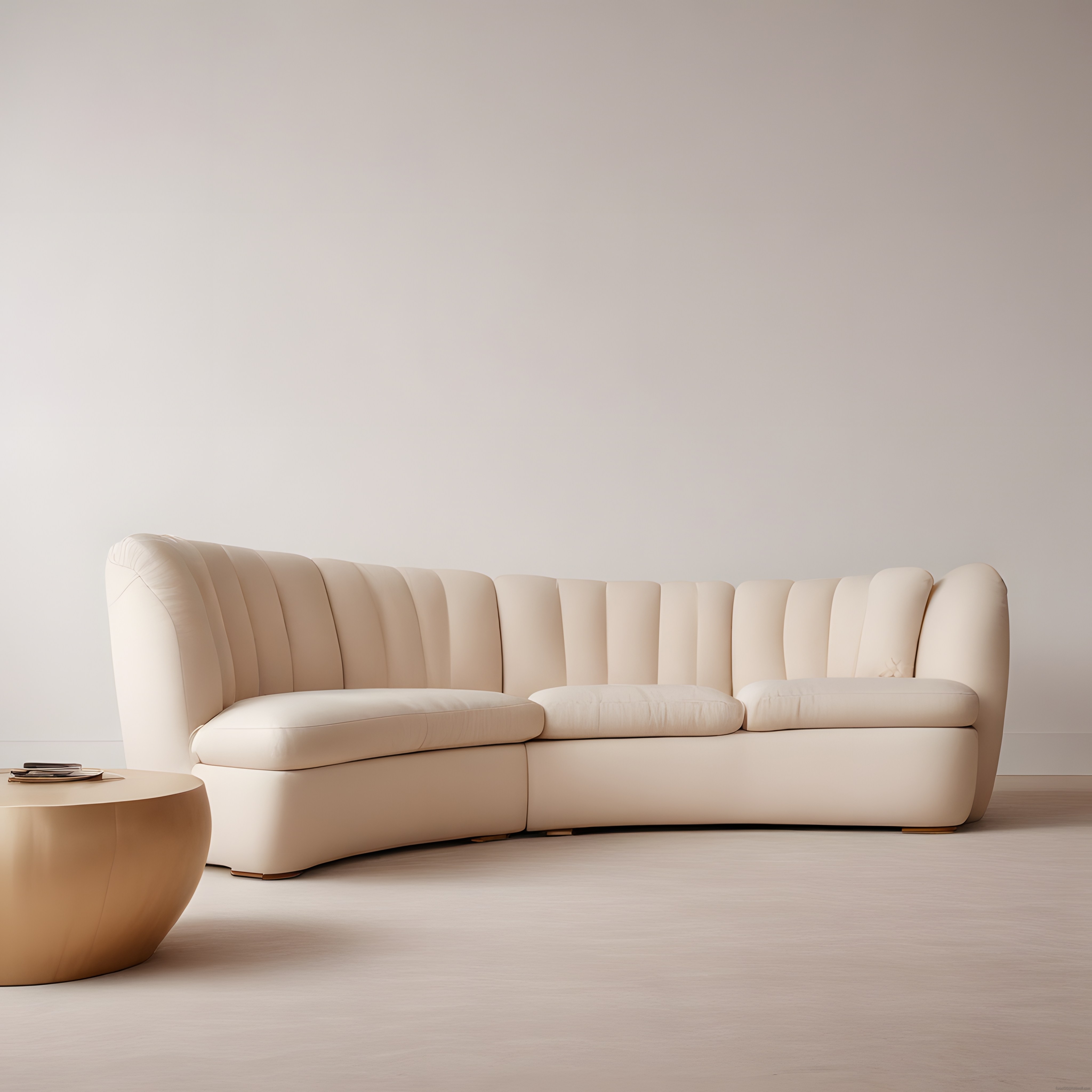 Minimalist Krem Rengi Modern Kanepe ve Bronz Sehpa ile Sade Salon Dekorasyonu