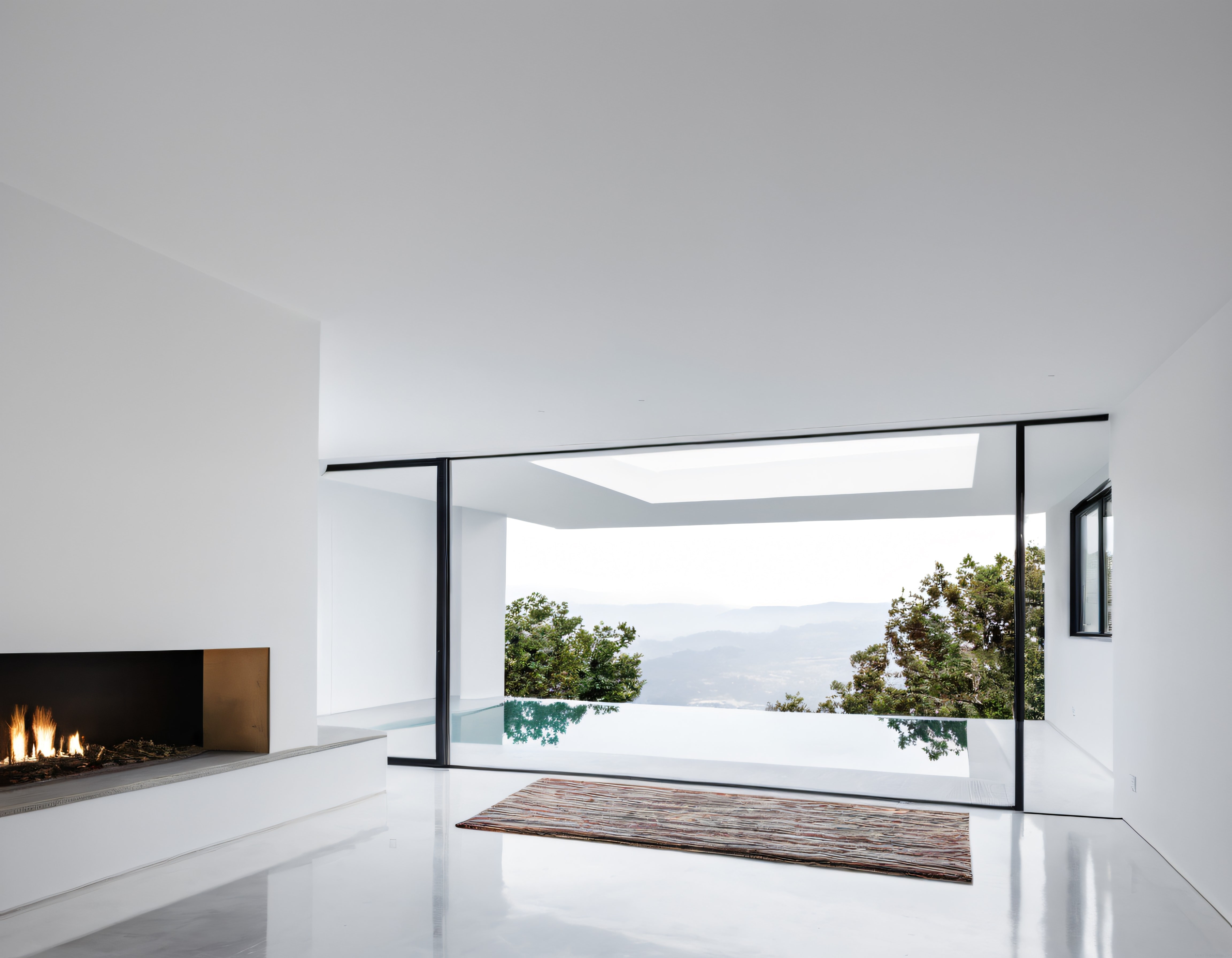 Minimalist Lüks Villa İç Mekanı: Şömine, Göl ve Dağ Manzaralı Salon