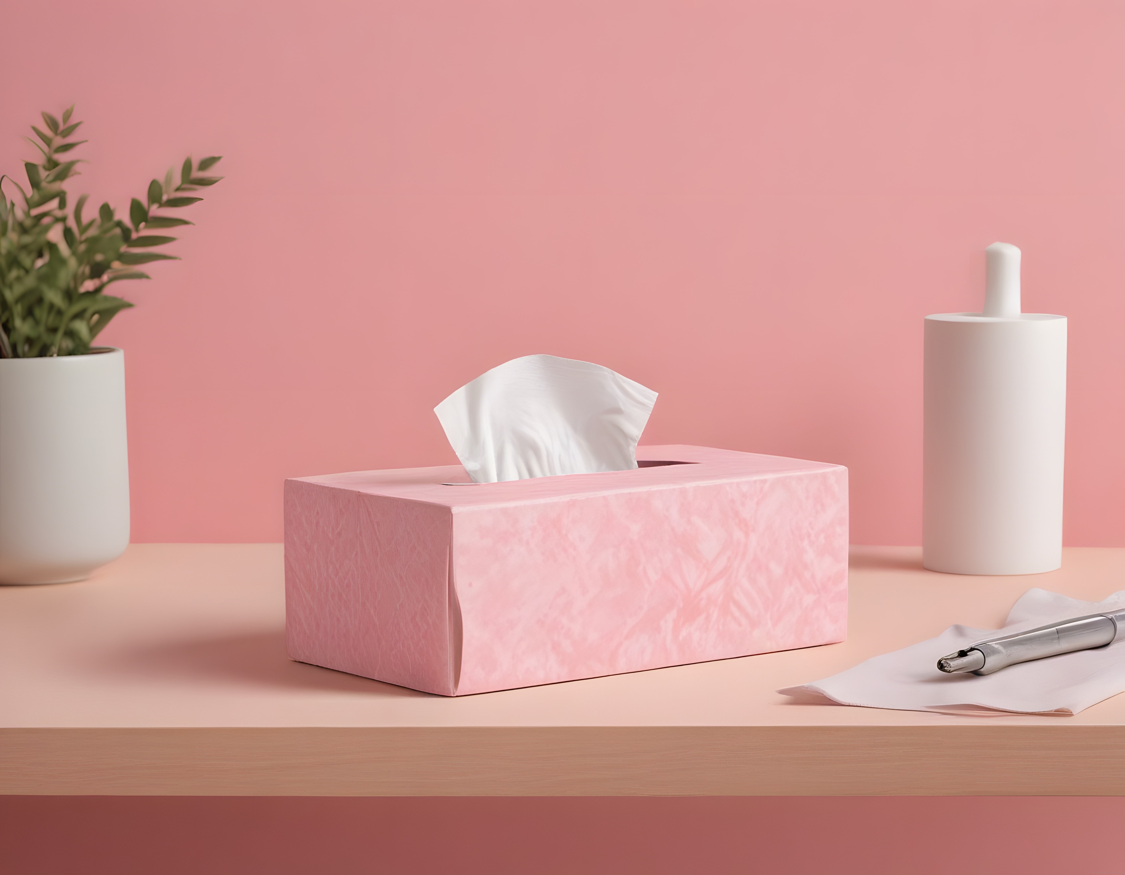 Minimalist Masa Dekorasyonu: Pembe Mendil Kutusu ve Modern Ofis Aksesuarları