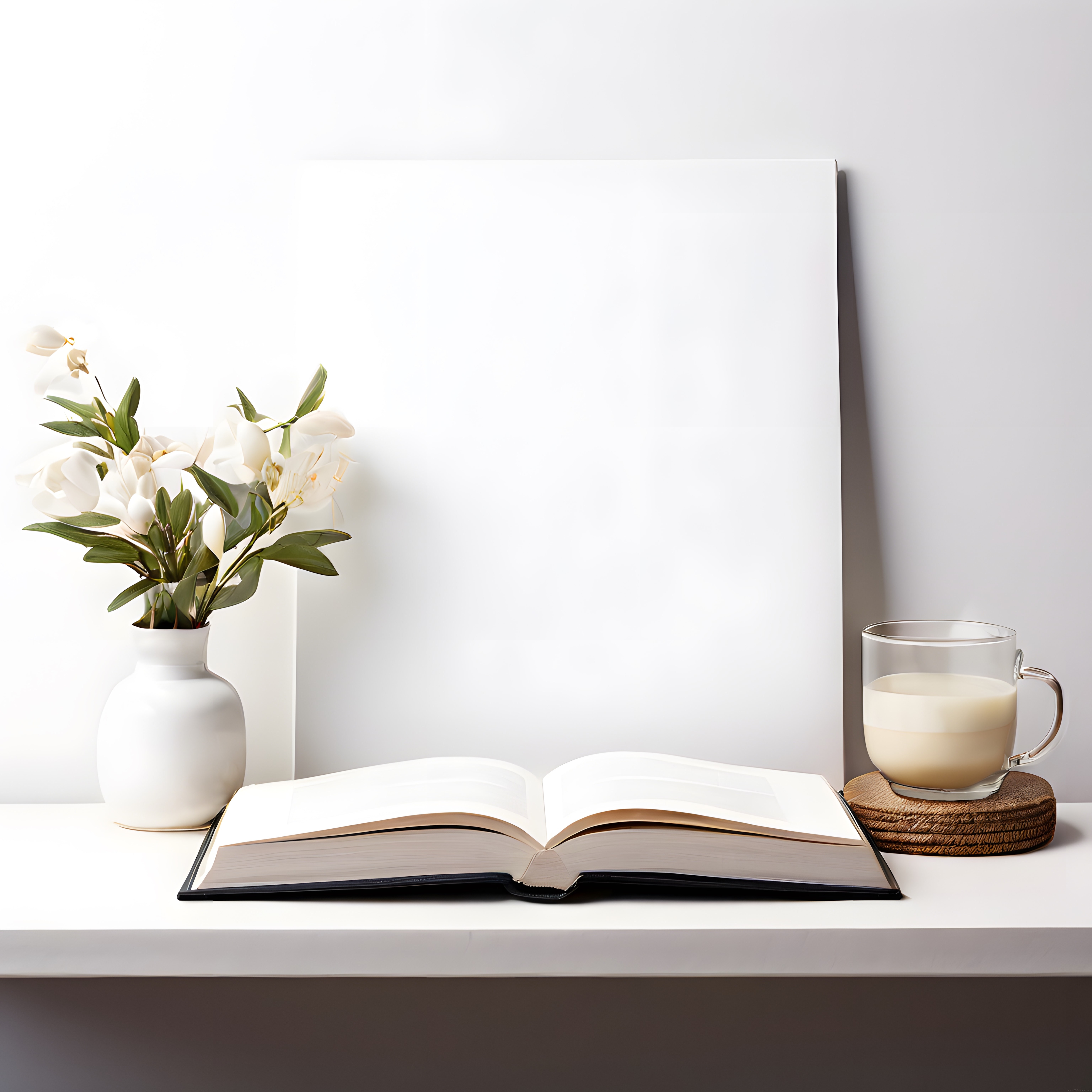 Minimalist masa düzeni: Açık kitap, beyaz çiçekler ve boş tuval detayları