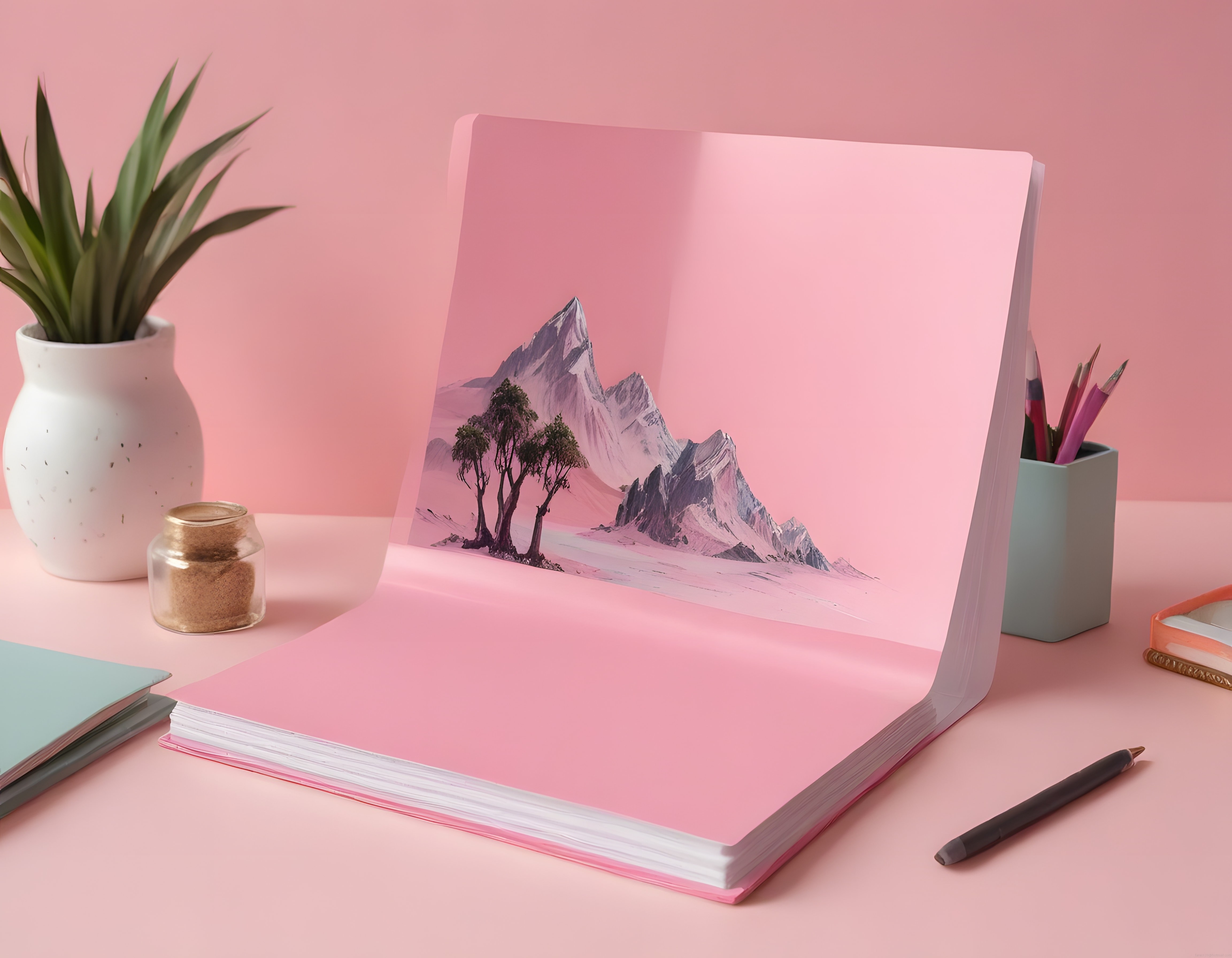 Minimalist Masa Düzeninde Açık Pembe Defter ve Karlı Dağ Manzarası