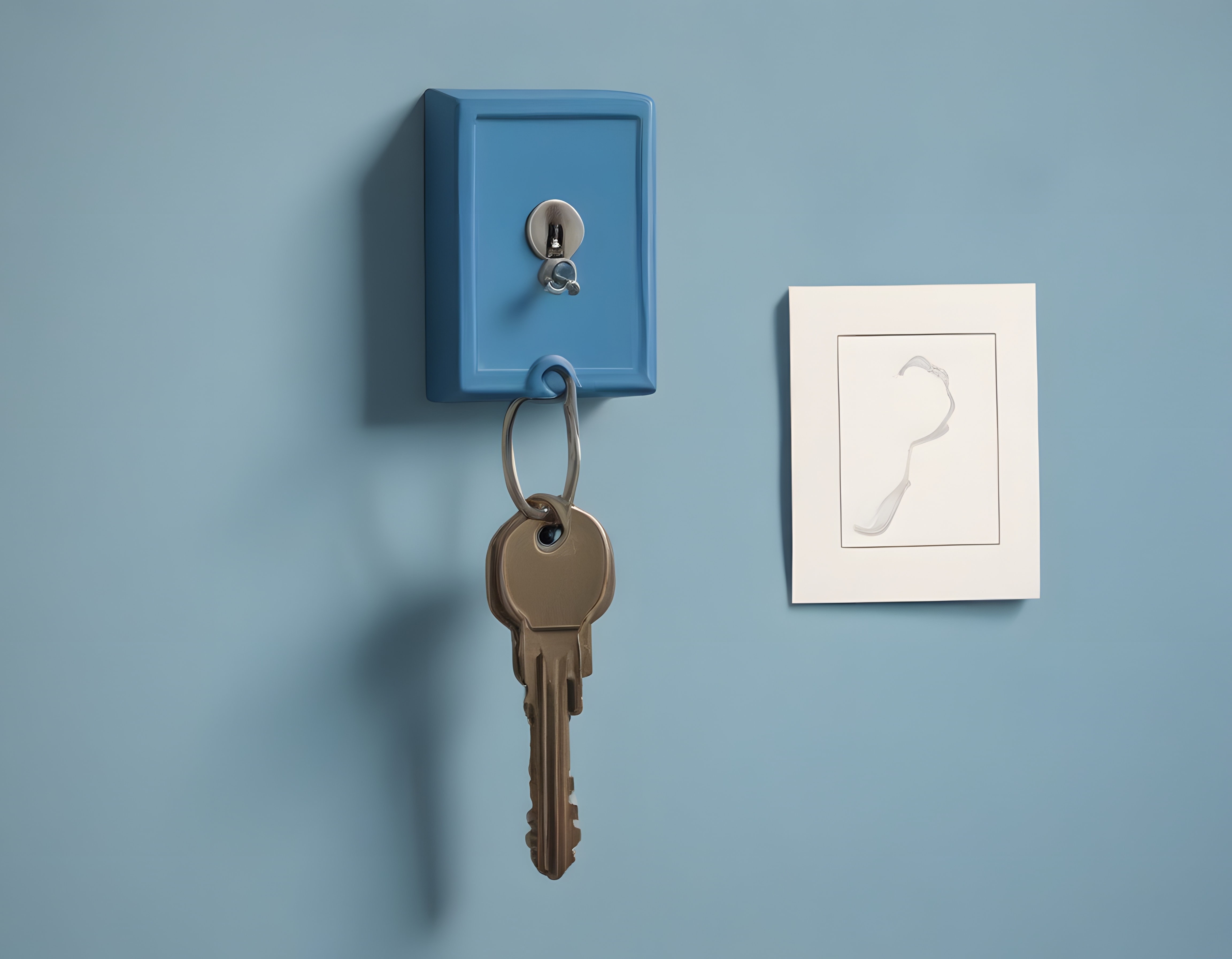 Minimalist mavi duvarda anahtarlık ve çerçeveli duvar dekorasyonu