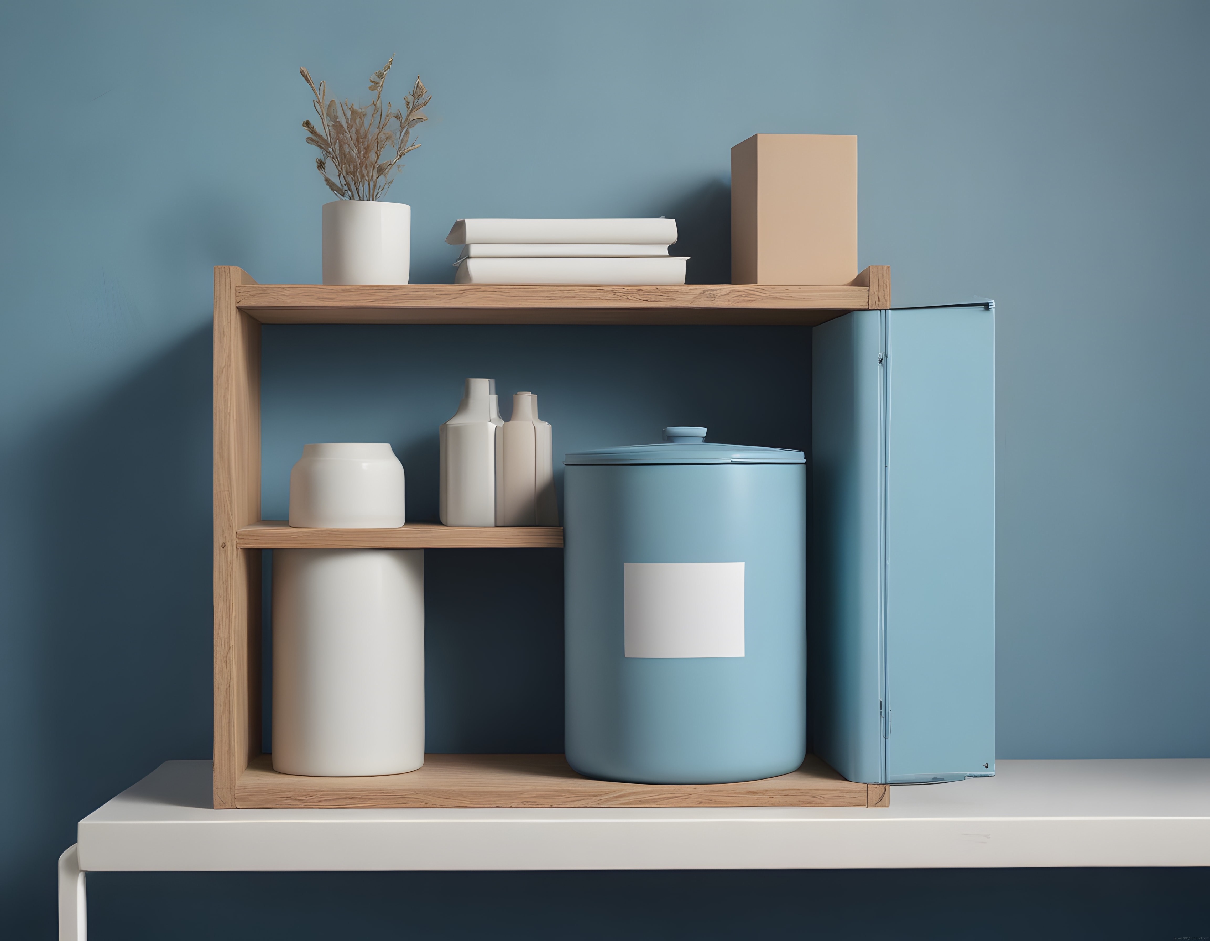 Minimalist mavi duvarlı modern ahşap raf ve dekoratif obje düzenlemesi
