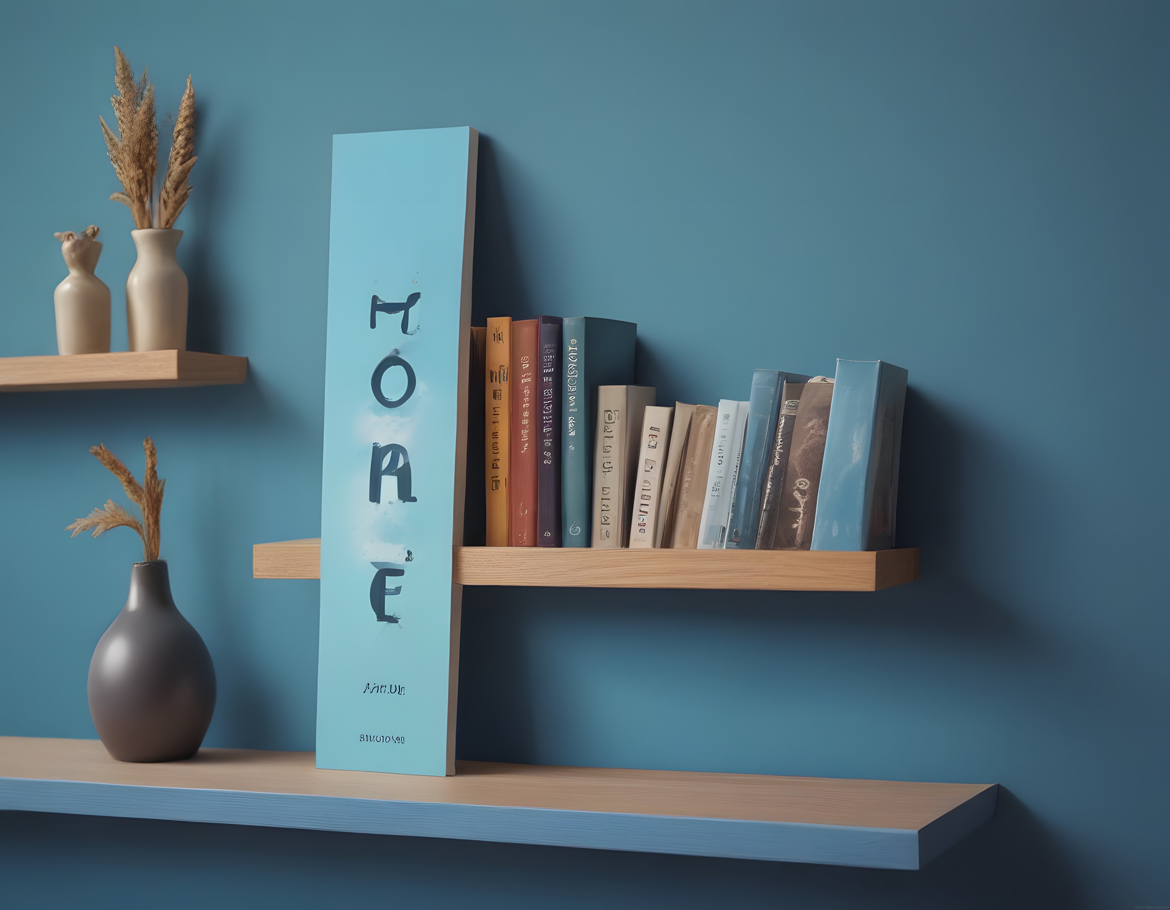 Minimalist mavi odada düzenli kitap rafları, kuru çiçekler ve sıcak dekorasyon