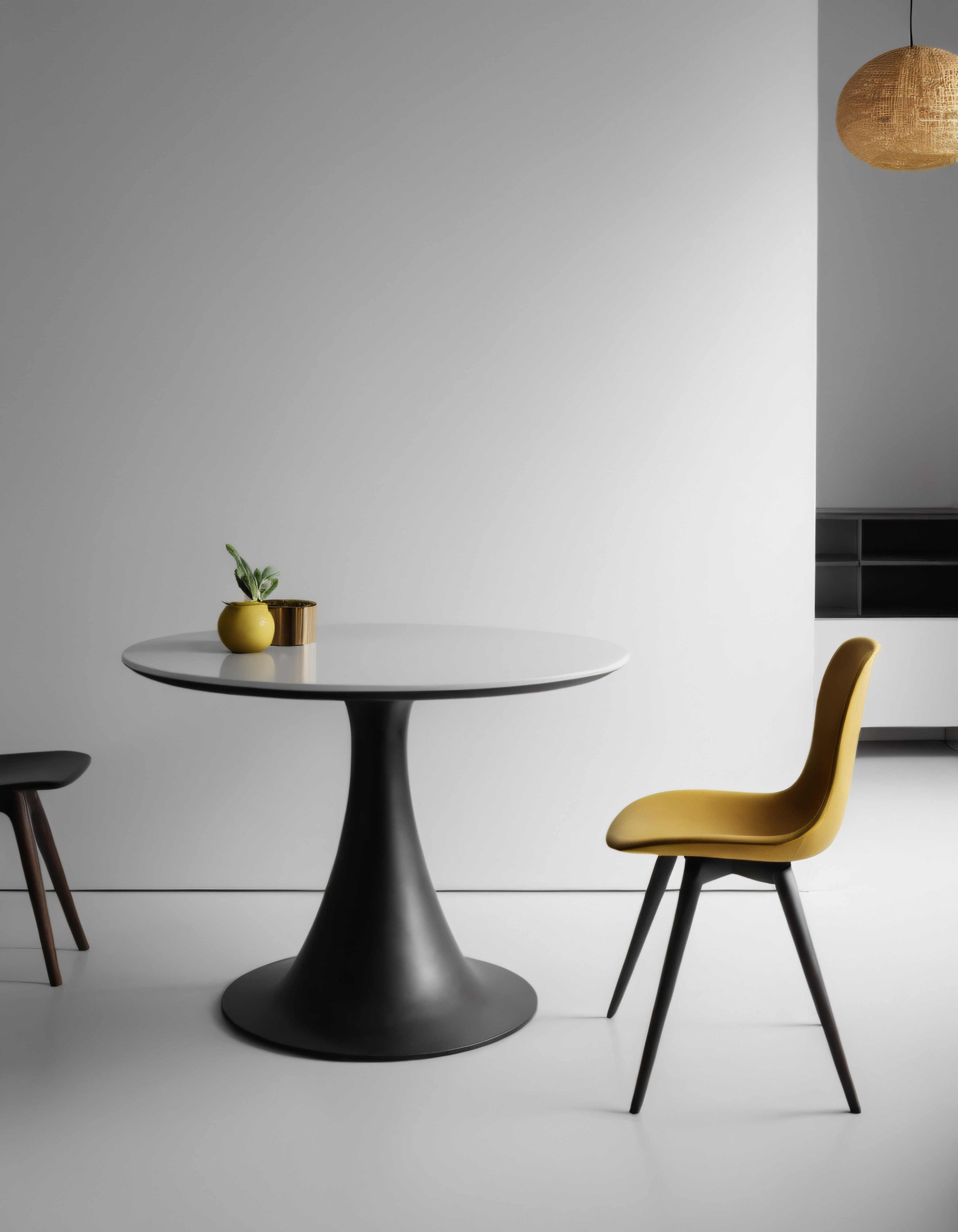 Minimalist mekanda sarı detaylı modern yuvarlak masa ve sandalye kompozisyonu