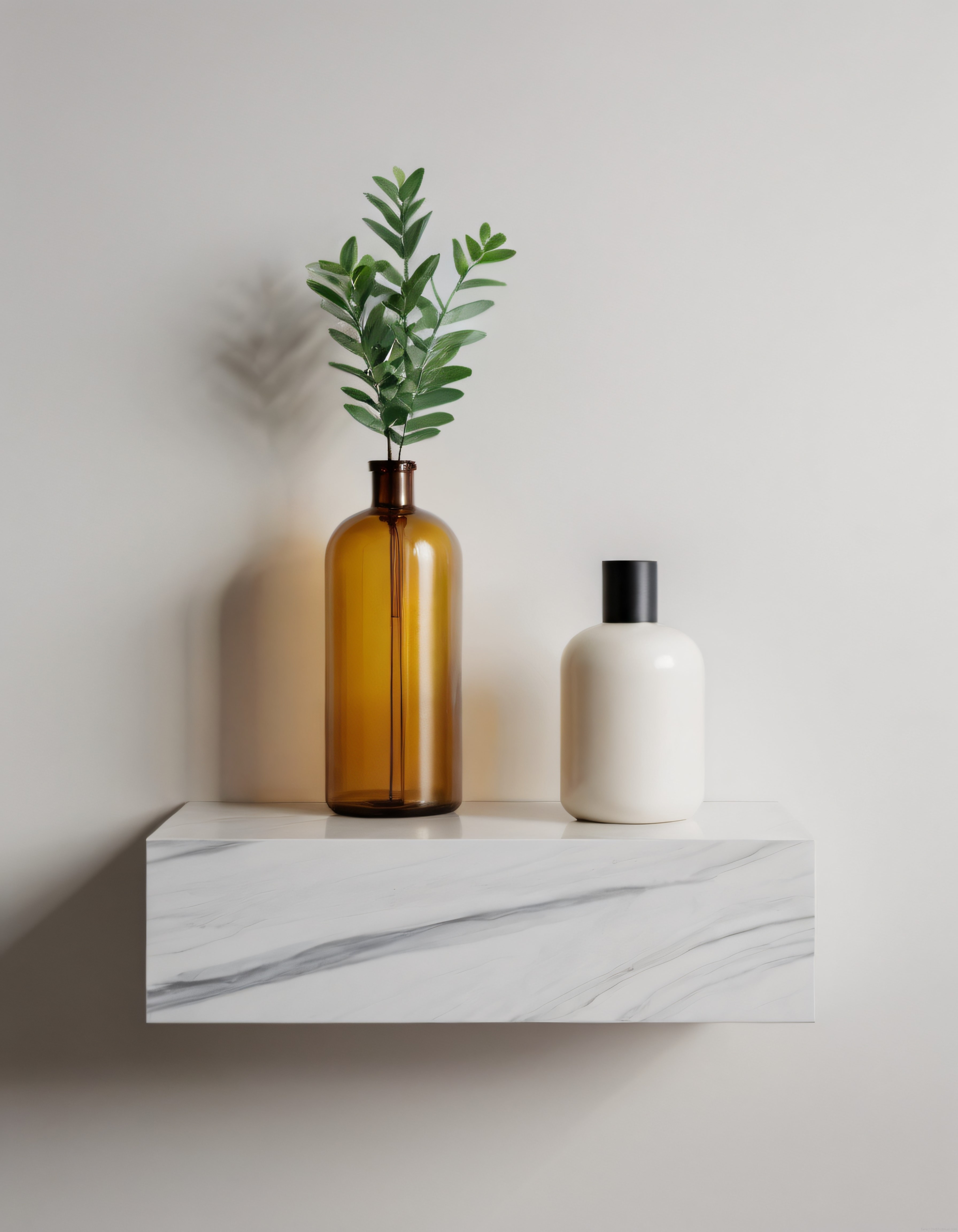 Minimalist Mermer Raf Üzerinde Amber Şişe ve Yeşil Bitki Dekorasyonu