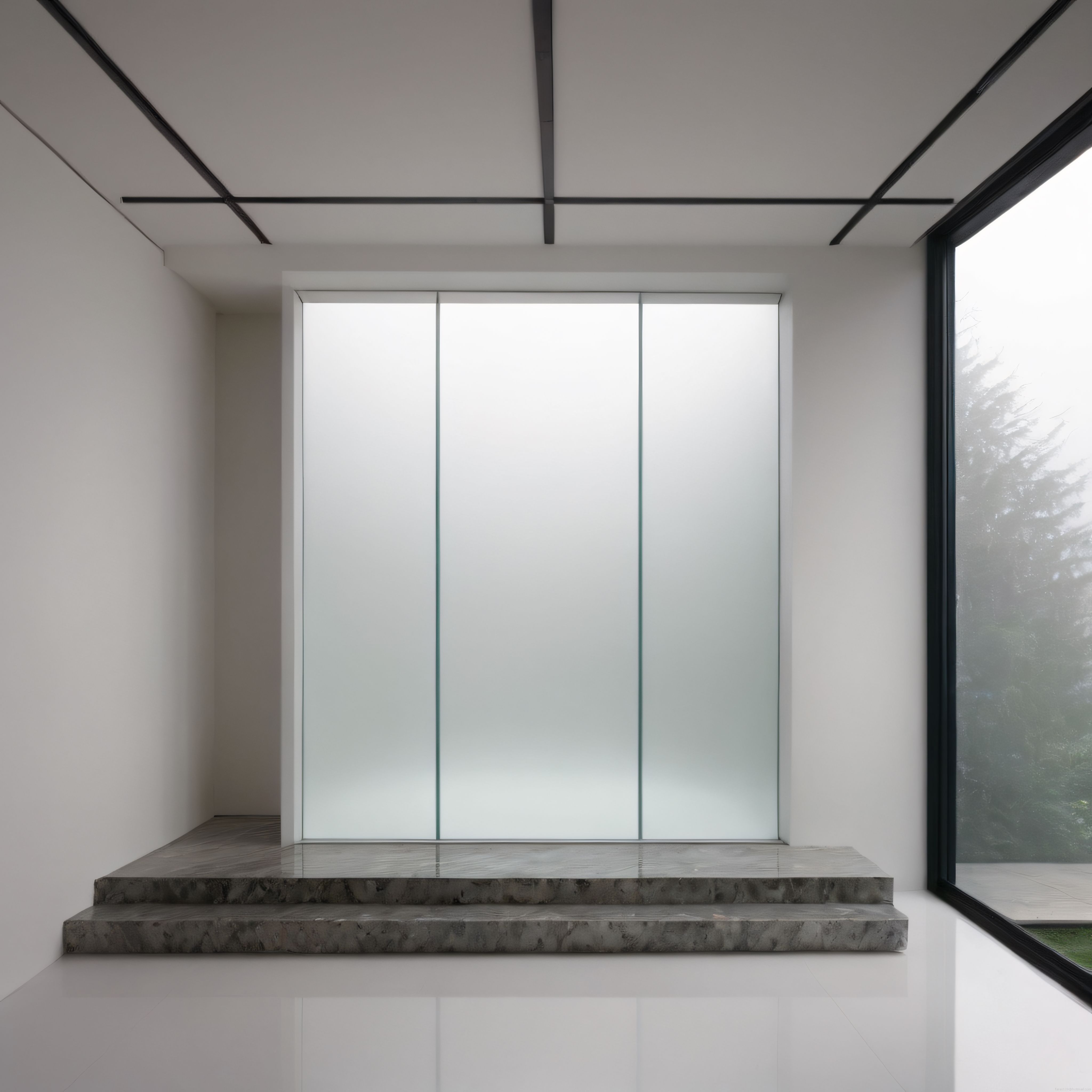 minimalist mimari iç mekan buzlu cam bölme ve yeşil doğa manzarası