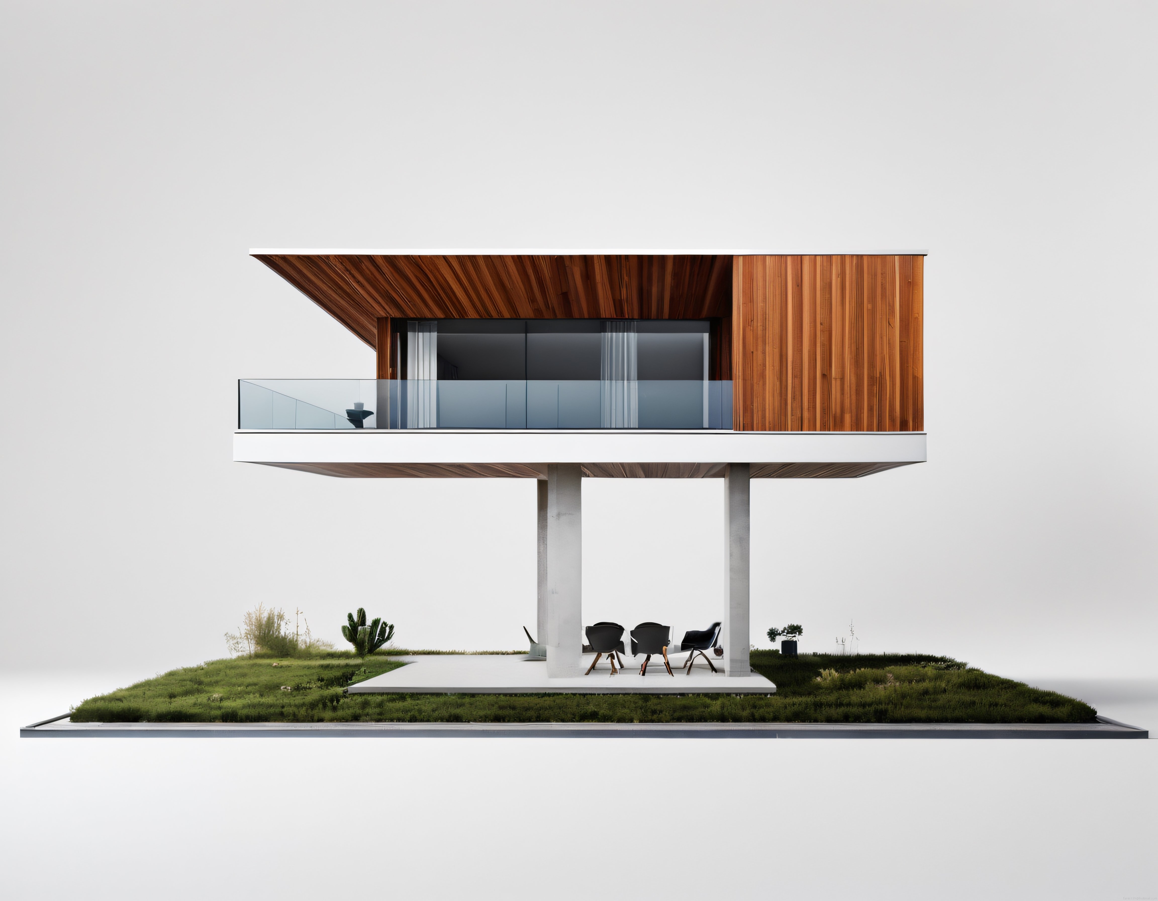 Minimalist mimari: sütunlar üzerinde doğa ile iç içe modern ev konsepti