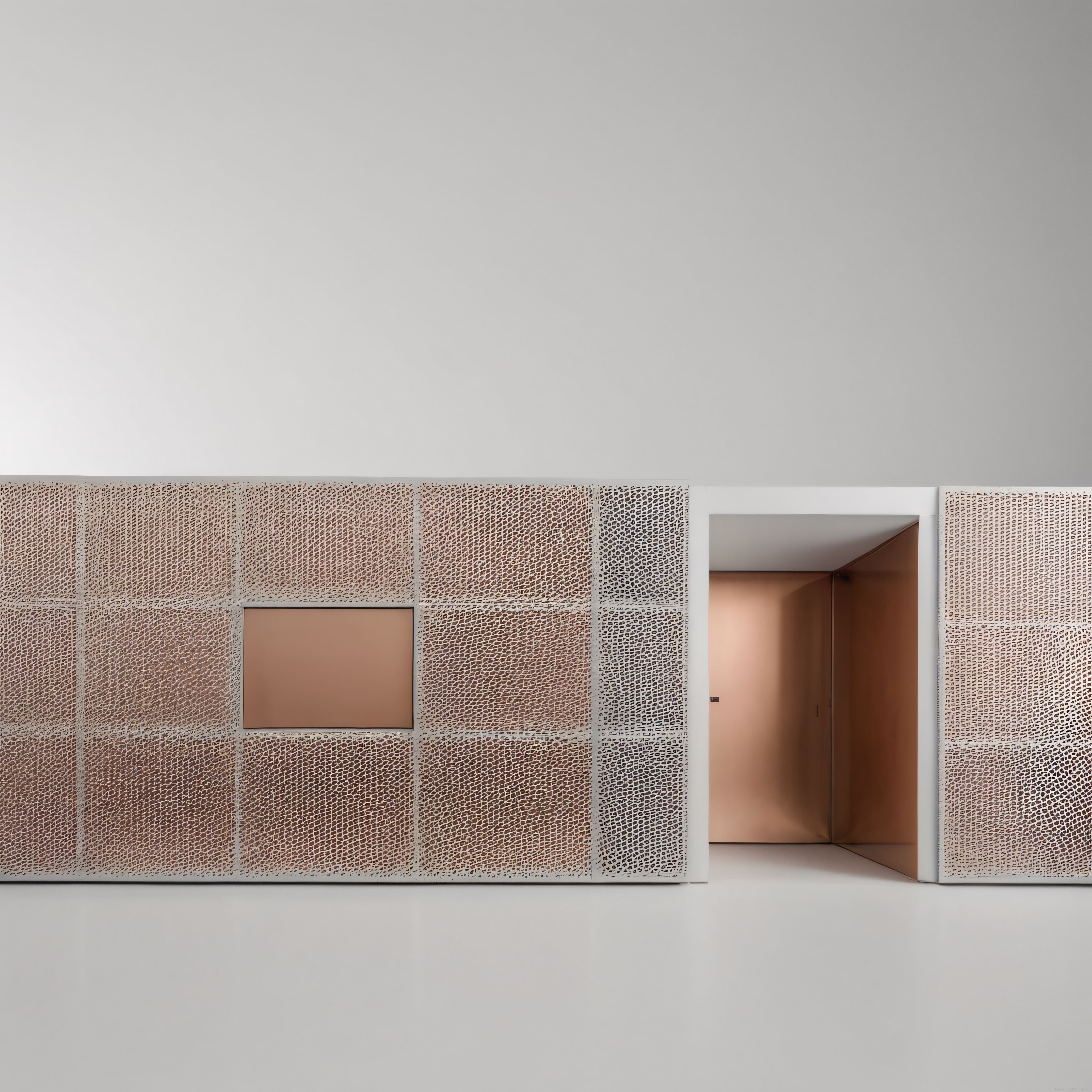 Minimalist mimari tasarım bakır tonlu geometrik paneller ve modern iç mekan detayları