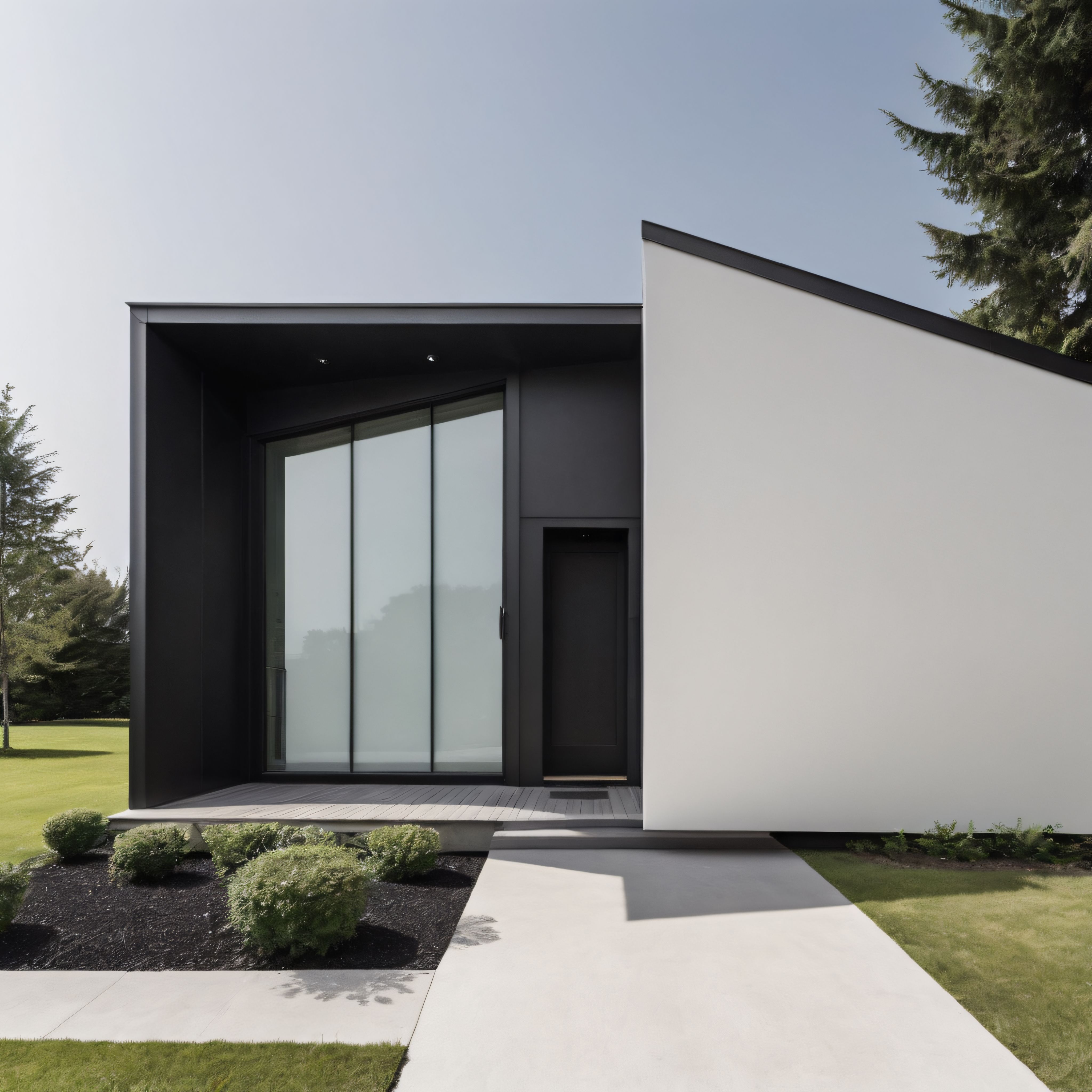 Minimalist Modern Ev Tasarımı: Siyah Beyaz Geometrik Cephe ve Doğa Uyumu