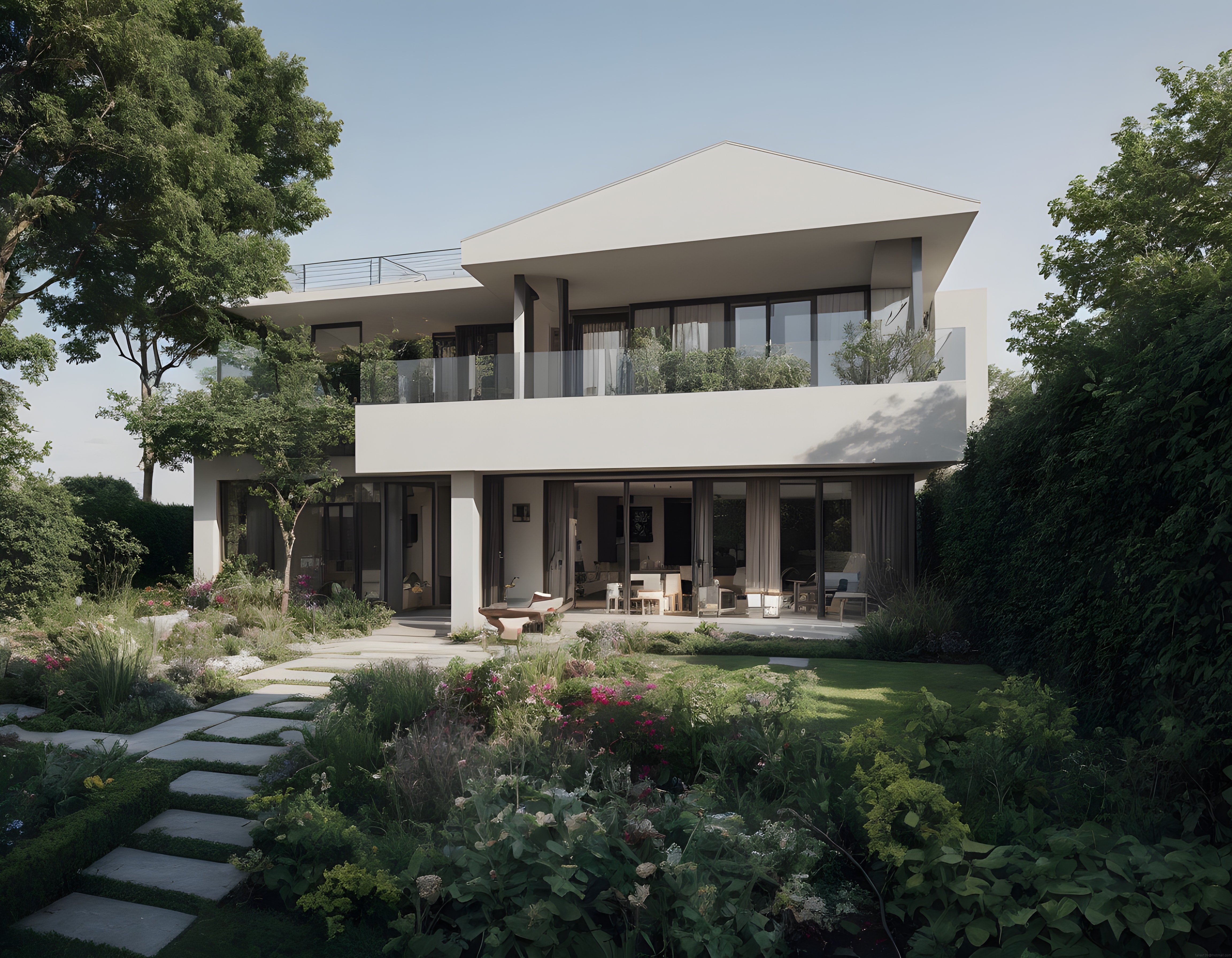 Minimalist Modern Villa, Yeşil Bahçe ve Şık Peyzaj Düzenlemesi