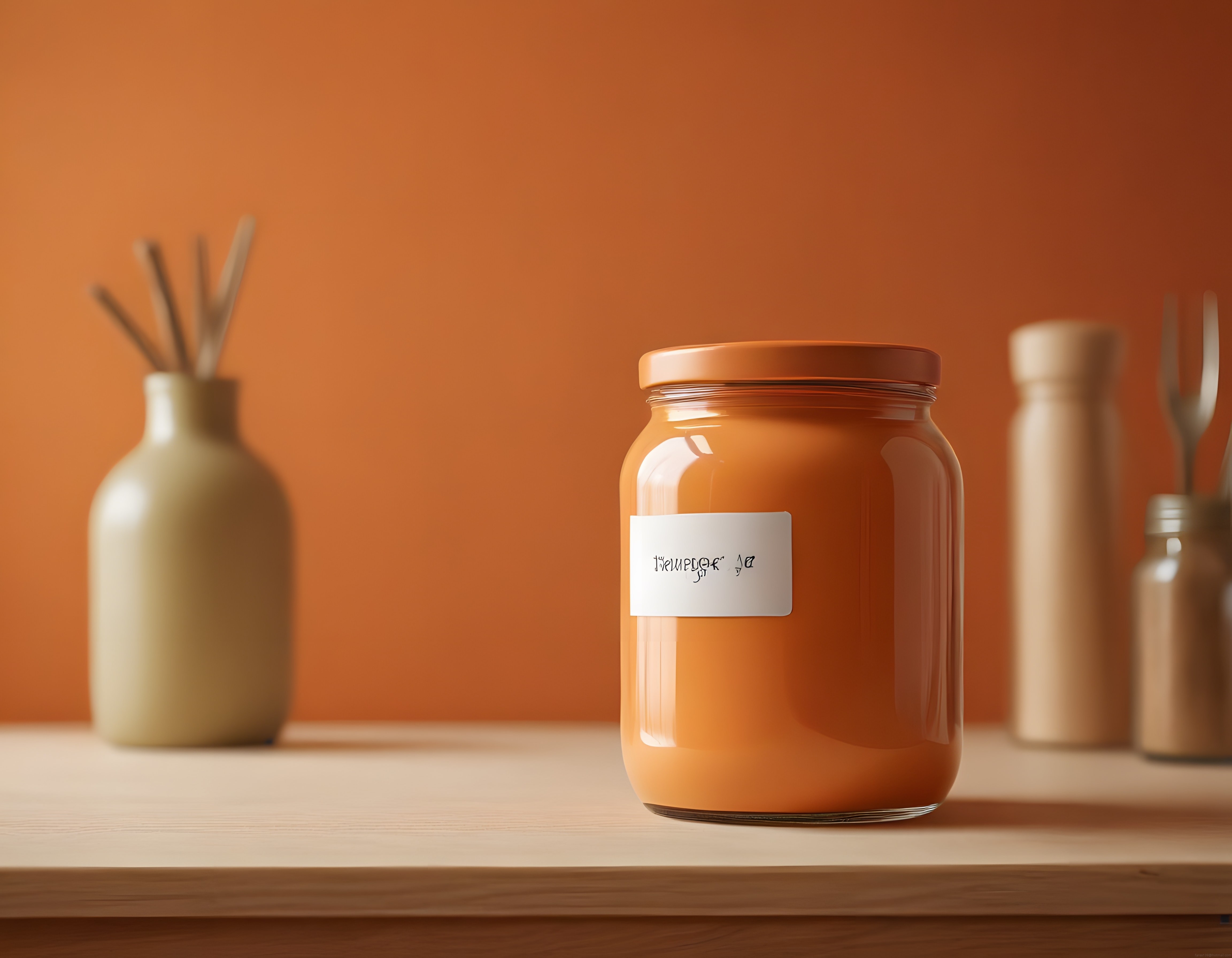 Minimalist Mutfak Tezgahında Turuncu Kavanoz ve Doğal Ahşap Dekor Unsurları