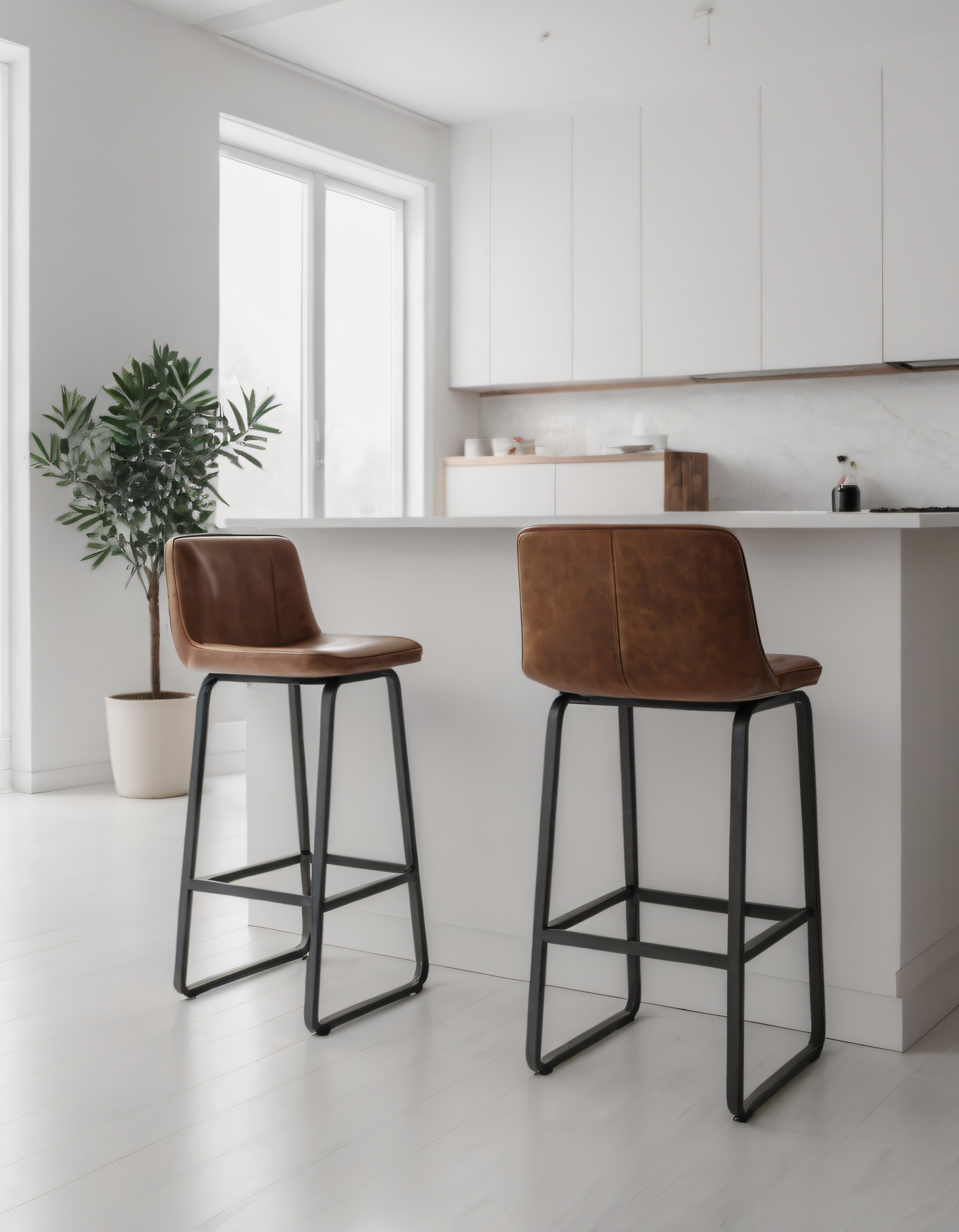 Minimalist mutfakta kahverengi deri bar sandalyeleri ve modern beyaz dekorasyon