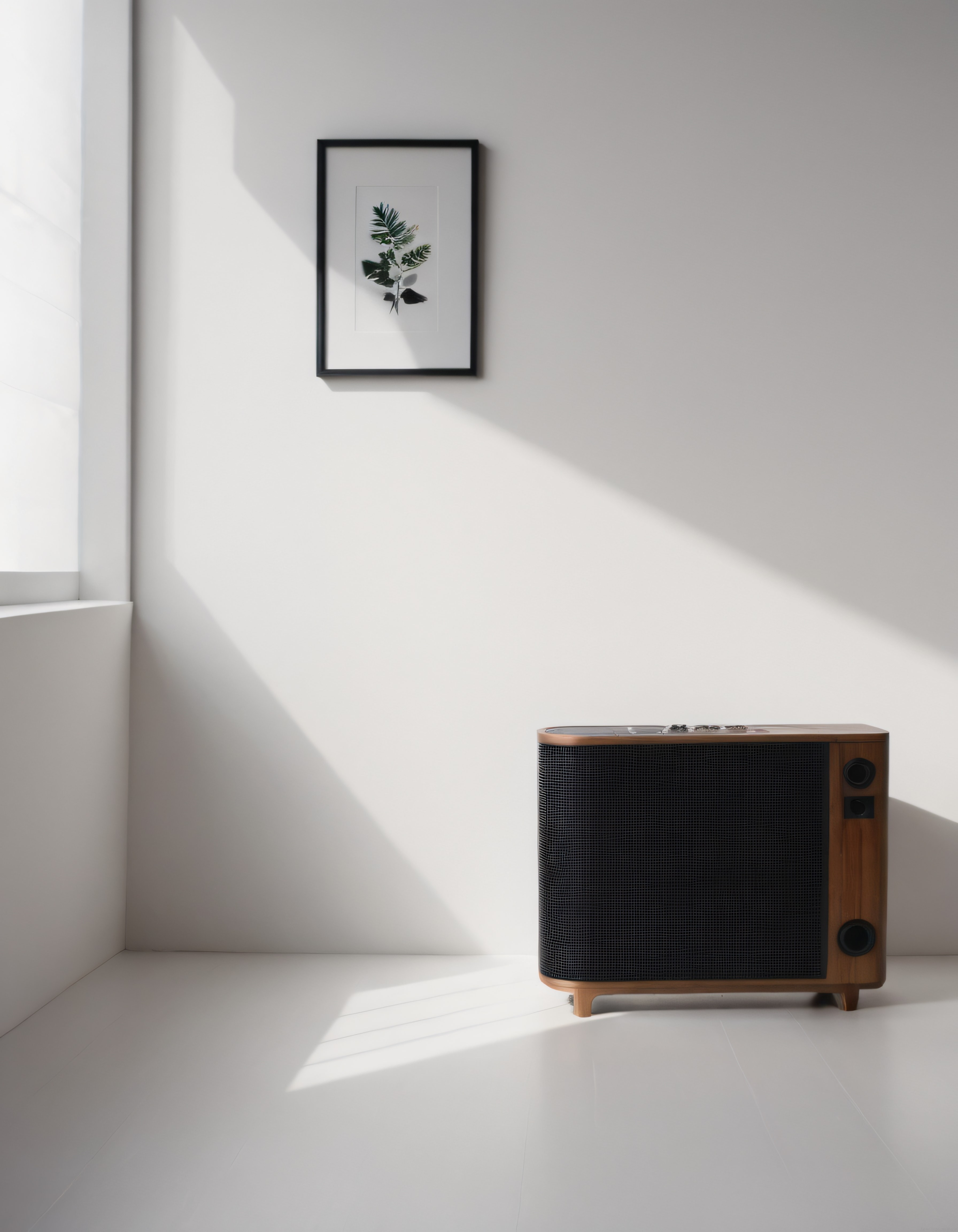 Minimalist Oda Dekorasyonunda Vintage Ahşap Hoparlör ve Botanik Duvar Sanatı