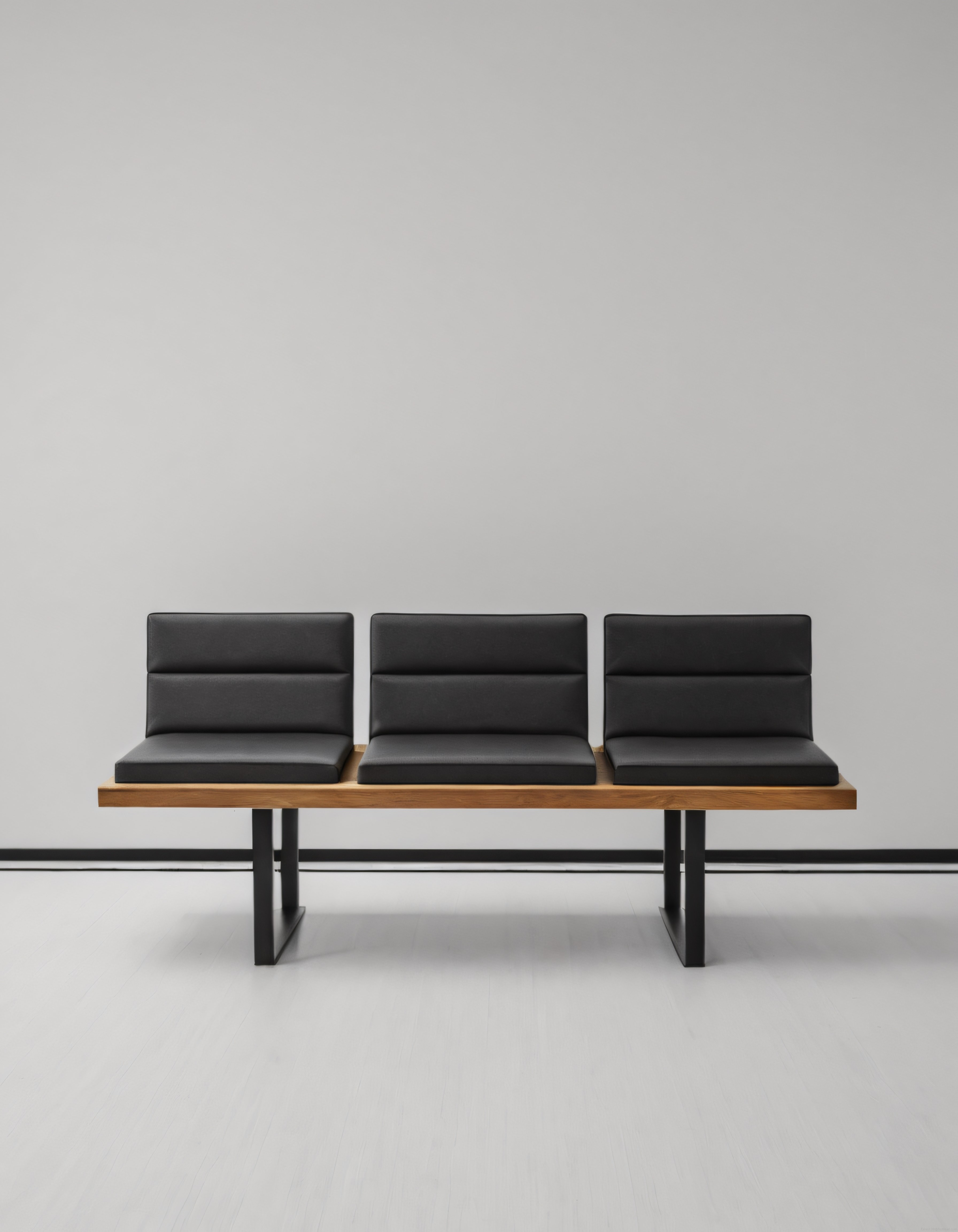Minimalist Ofis Dekorasyonu: Üçlü Siyah Deri Bekleme Bankosu ve Ahşap Yüzey