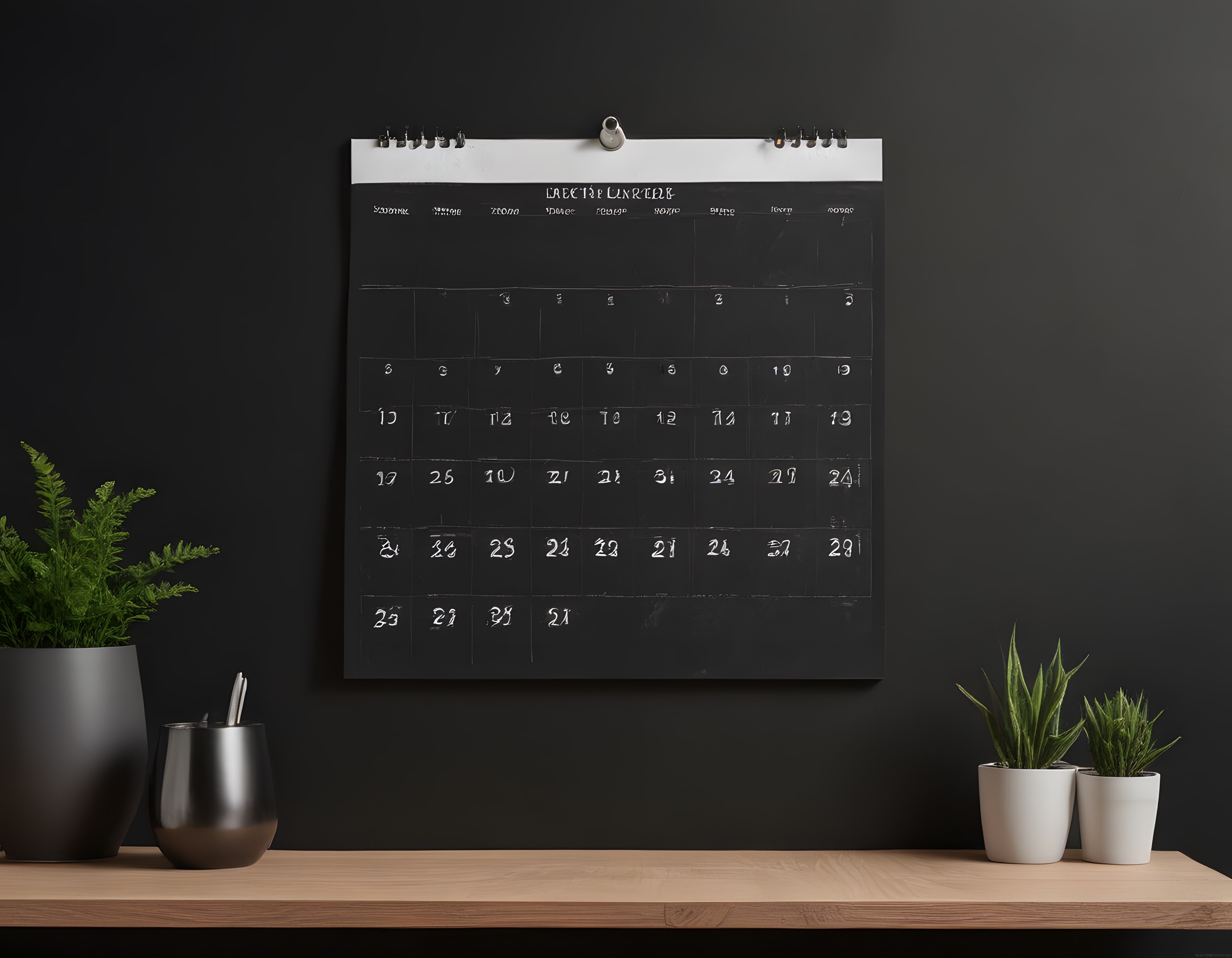 Minimalist ofis dekorasyonunda siyah duvar takvimi ve doğal ahşap detaylar