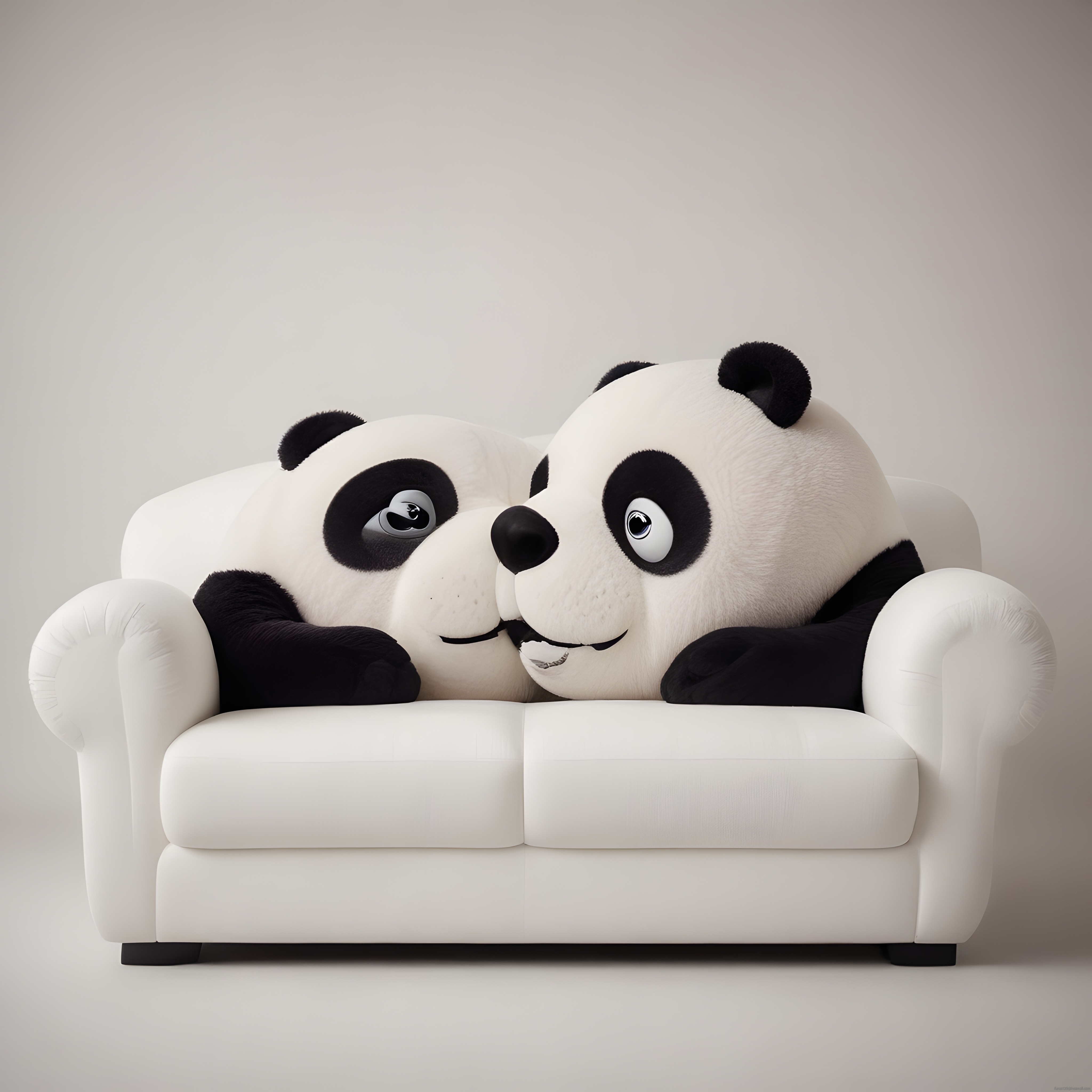 Minimalist ortamda beyaz koltukta oturan sevimli panda çiftinin şirin pozu