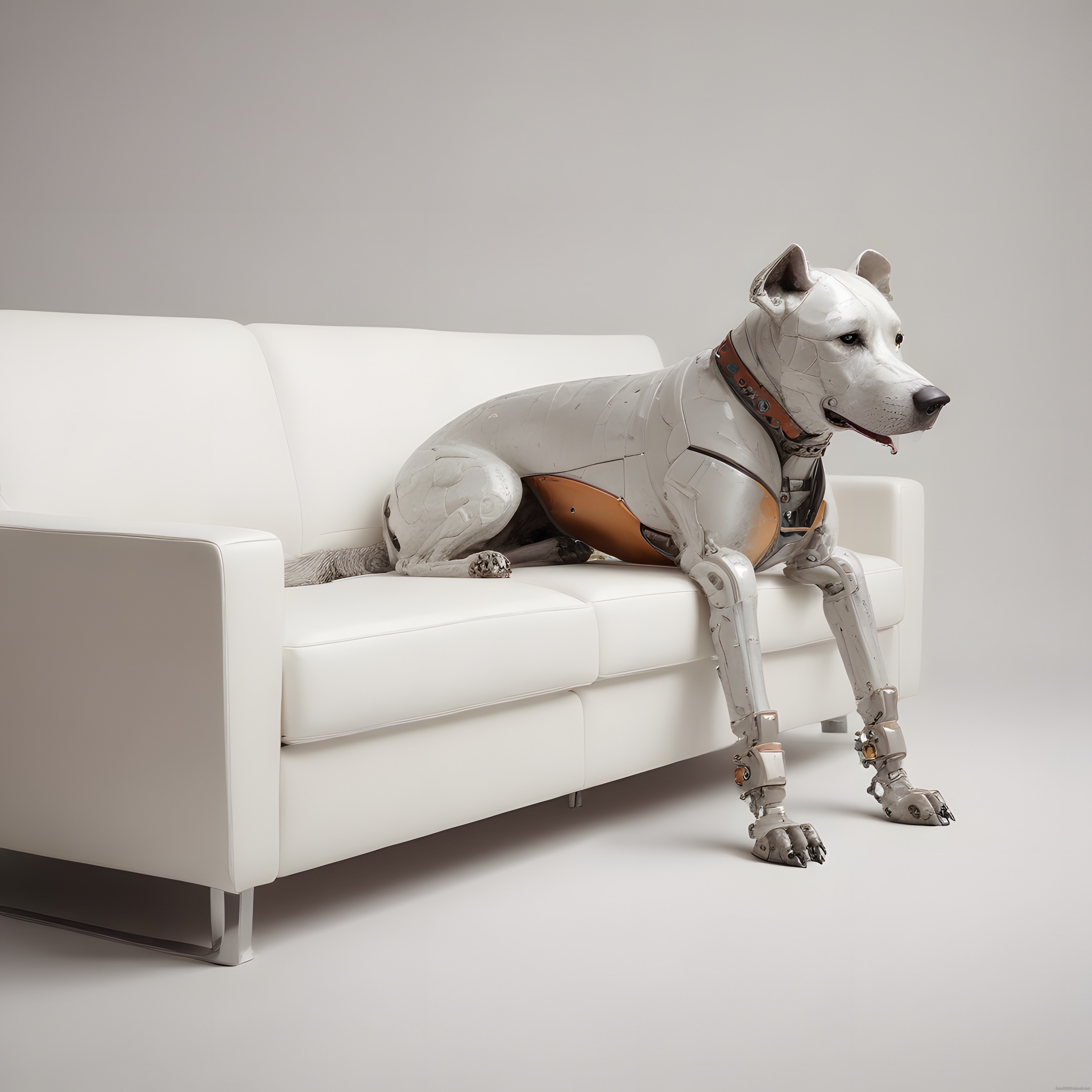 Minimalist ortamda beyaz koltukta yatan gerçekçi mekanik robot köpek tasarımı
