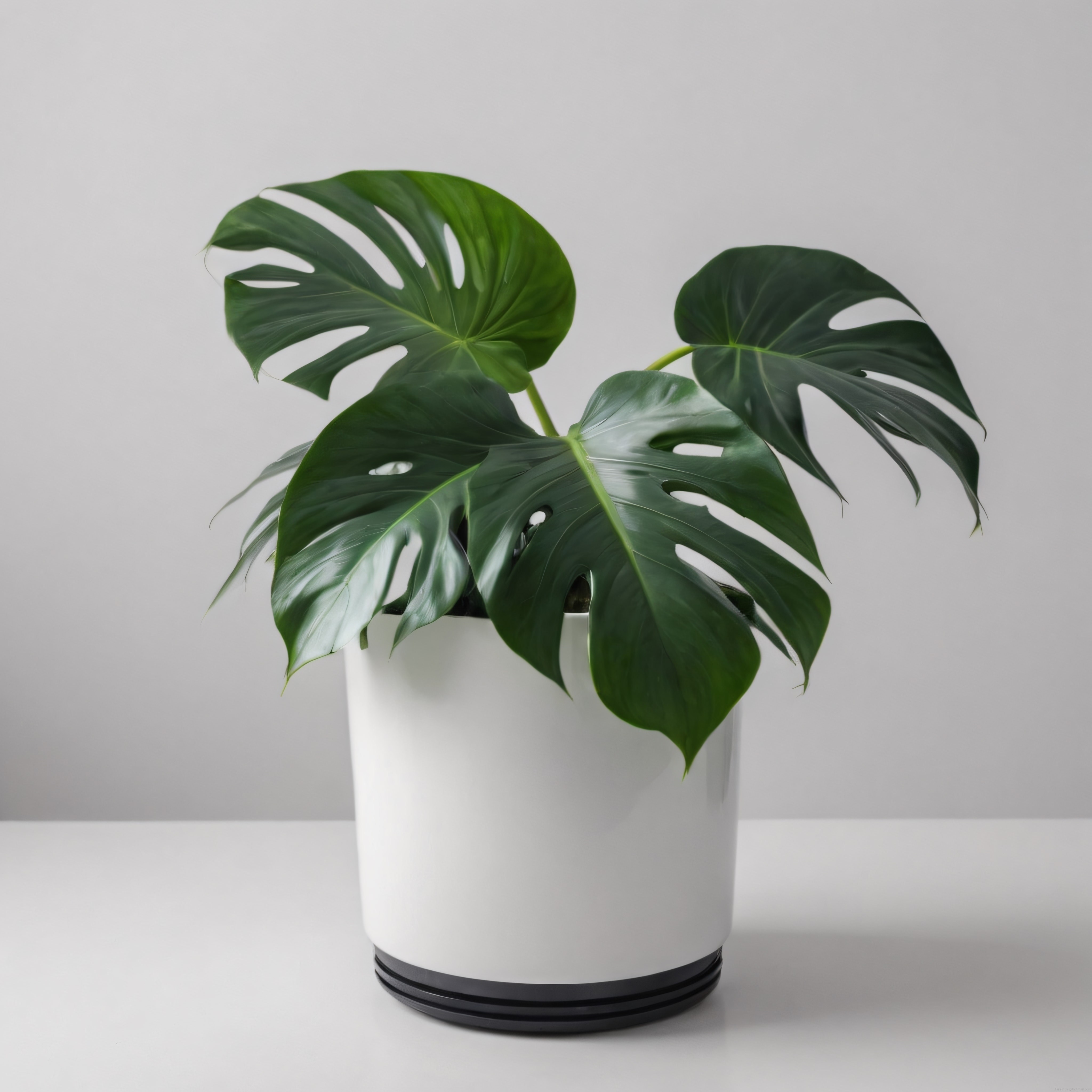 Minimalist ortamda beyaz saksıda büyük yapraklı monstera deliciosa bitkisi