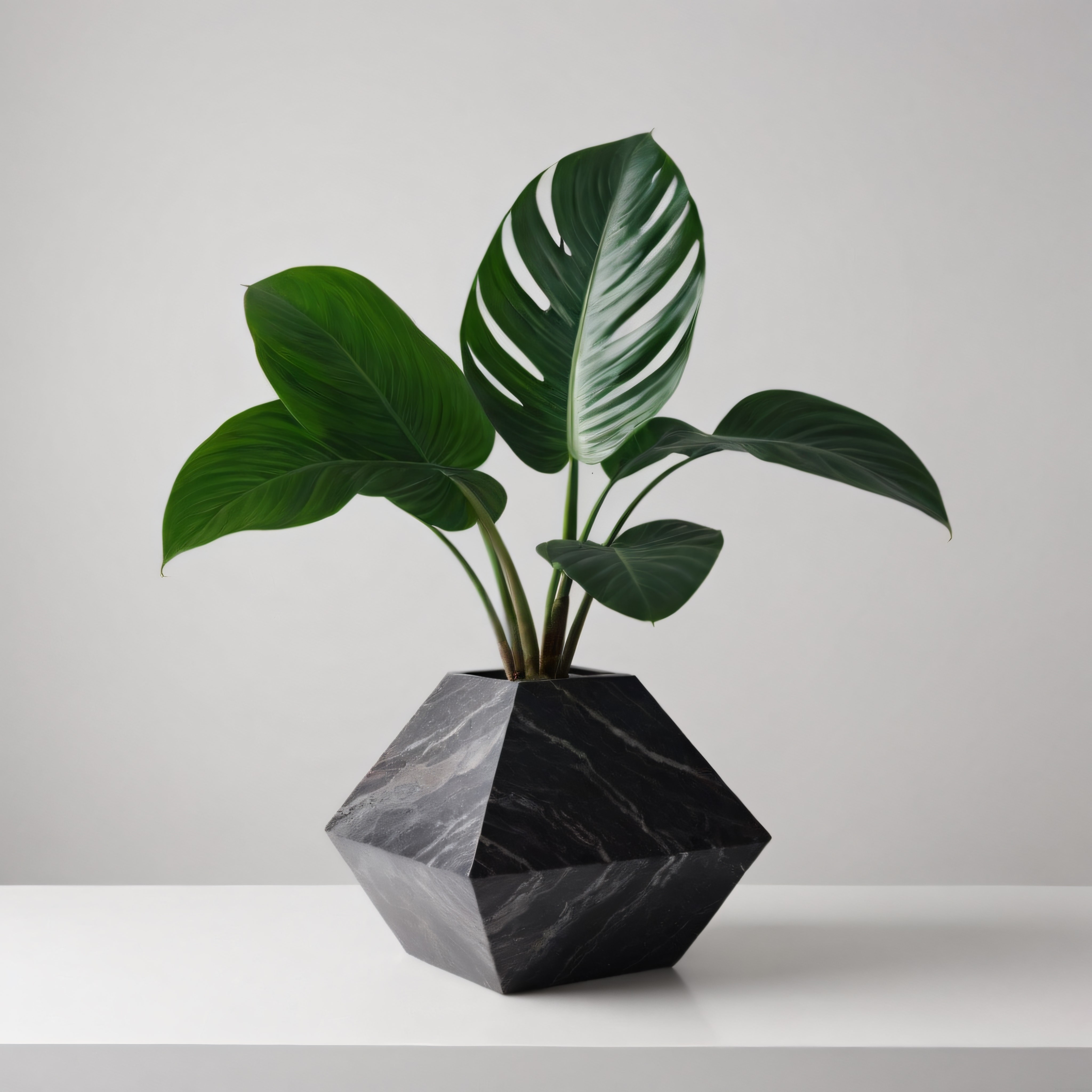 Minimalist ortamda geometrik mermer desenli saksıda yeşil salon bitkisi