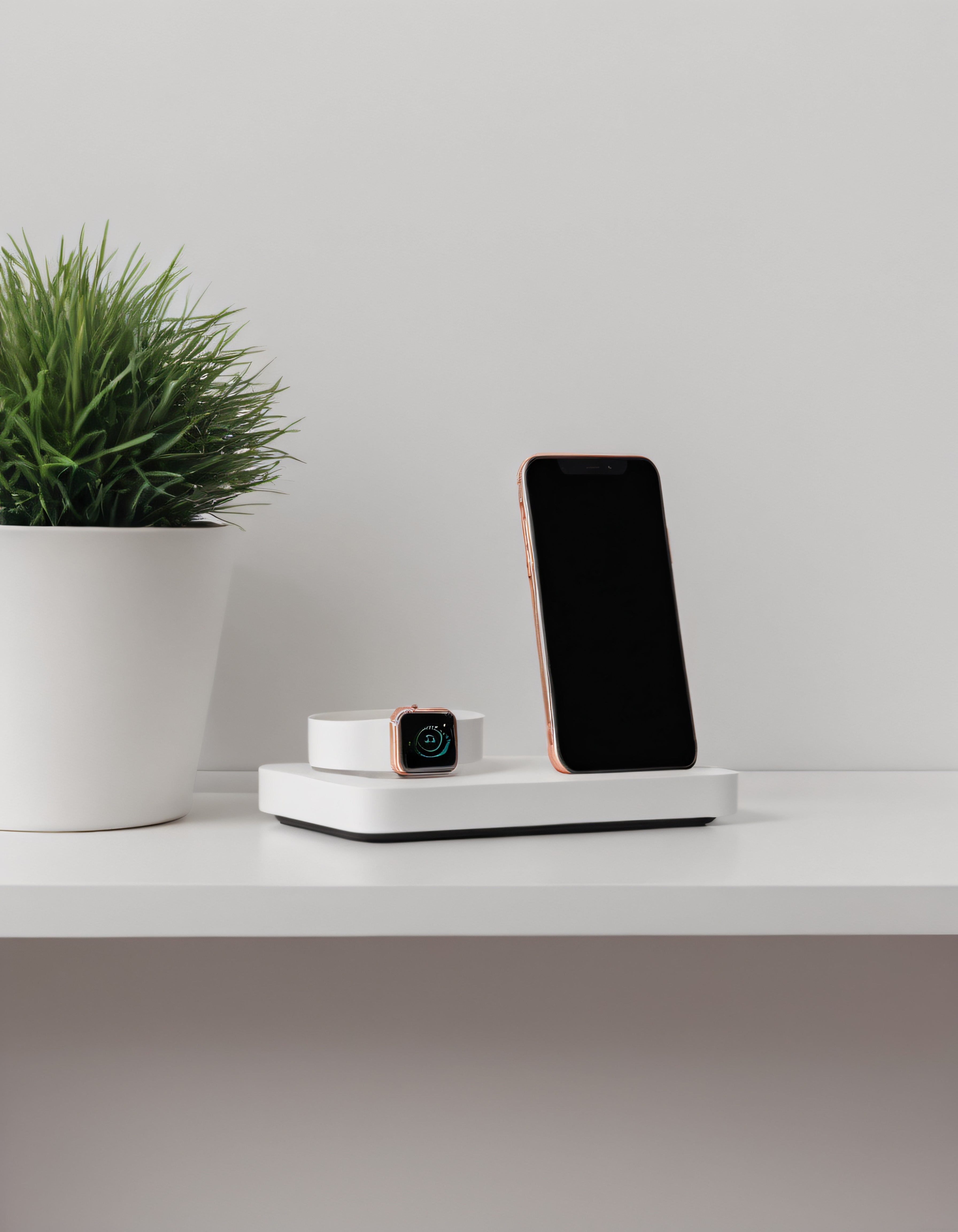 Minimalist Ortamda Kablosuz Şarj Standında Akıllı Telefon ve Akıllı Saat Minimalist Ortamda Kablosuz Şarj Standında Akıllı Telefon ve Akıllı Saat