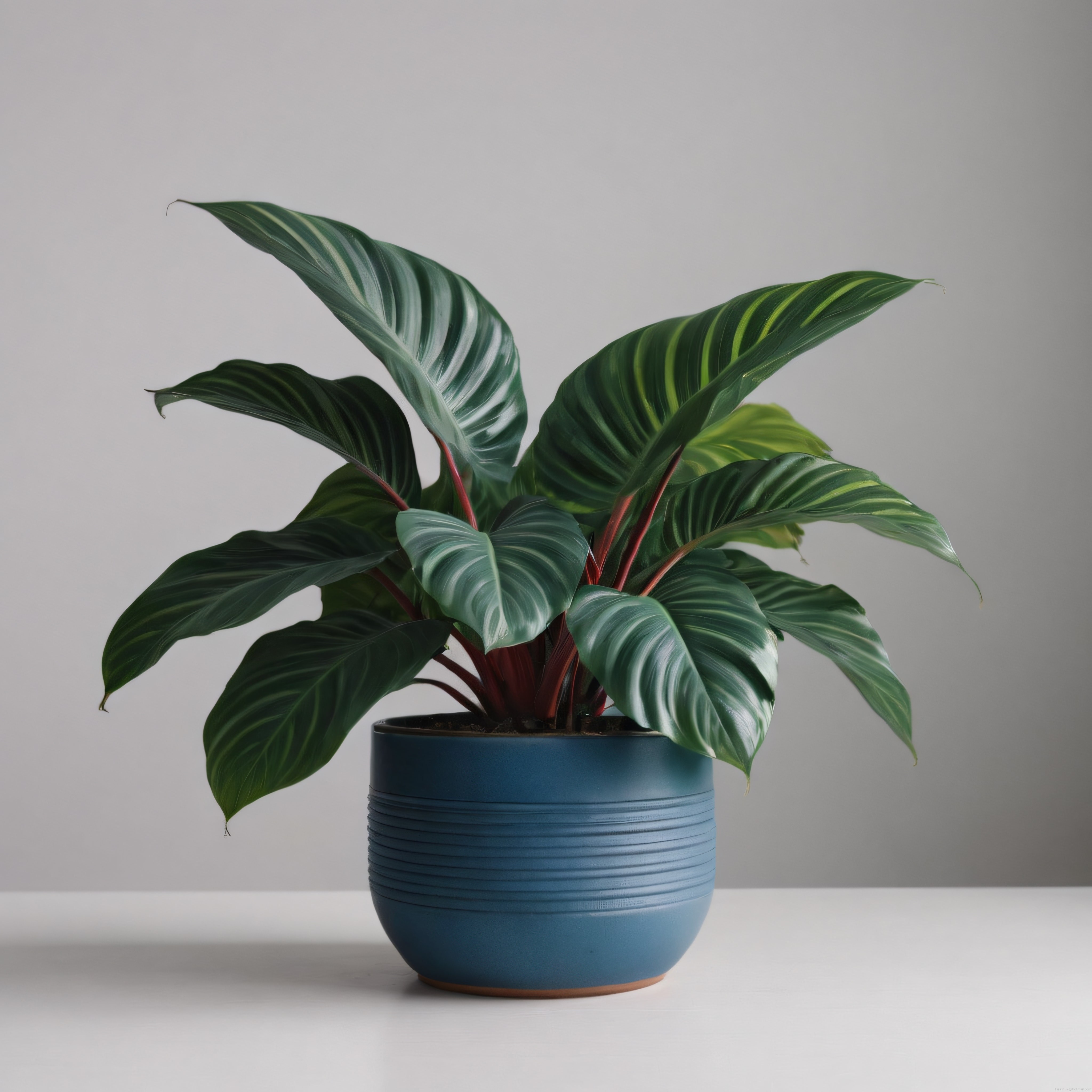 Minimalist Ortamda Mavi Saksılı Çizgili Yapraklı Calathea Bitkisi