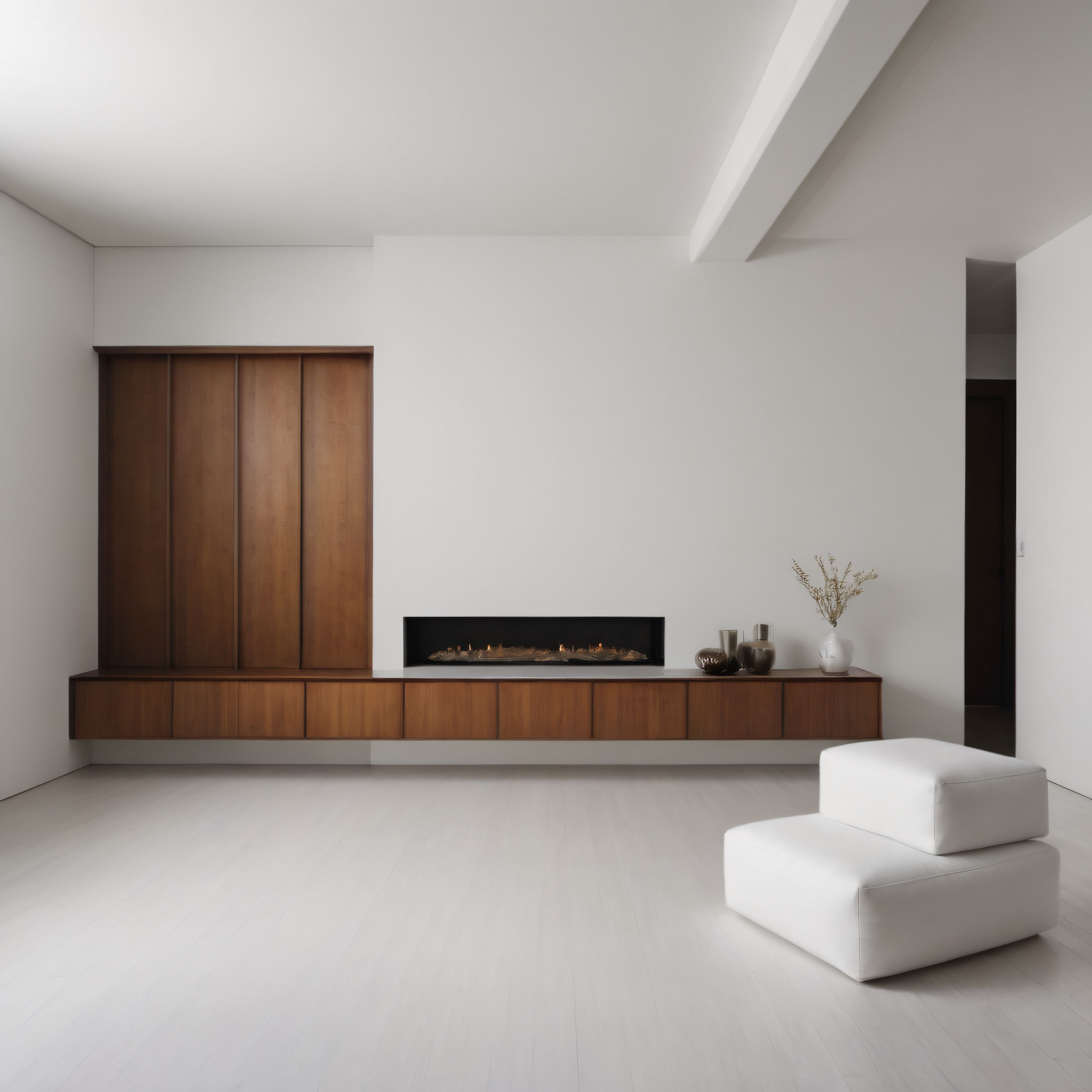 Minimalist Oturma Odası: Modern Şömine ve Ahşap Dolaplı Sade Mekan Tasarımı