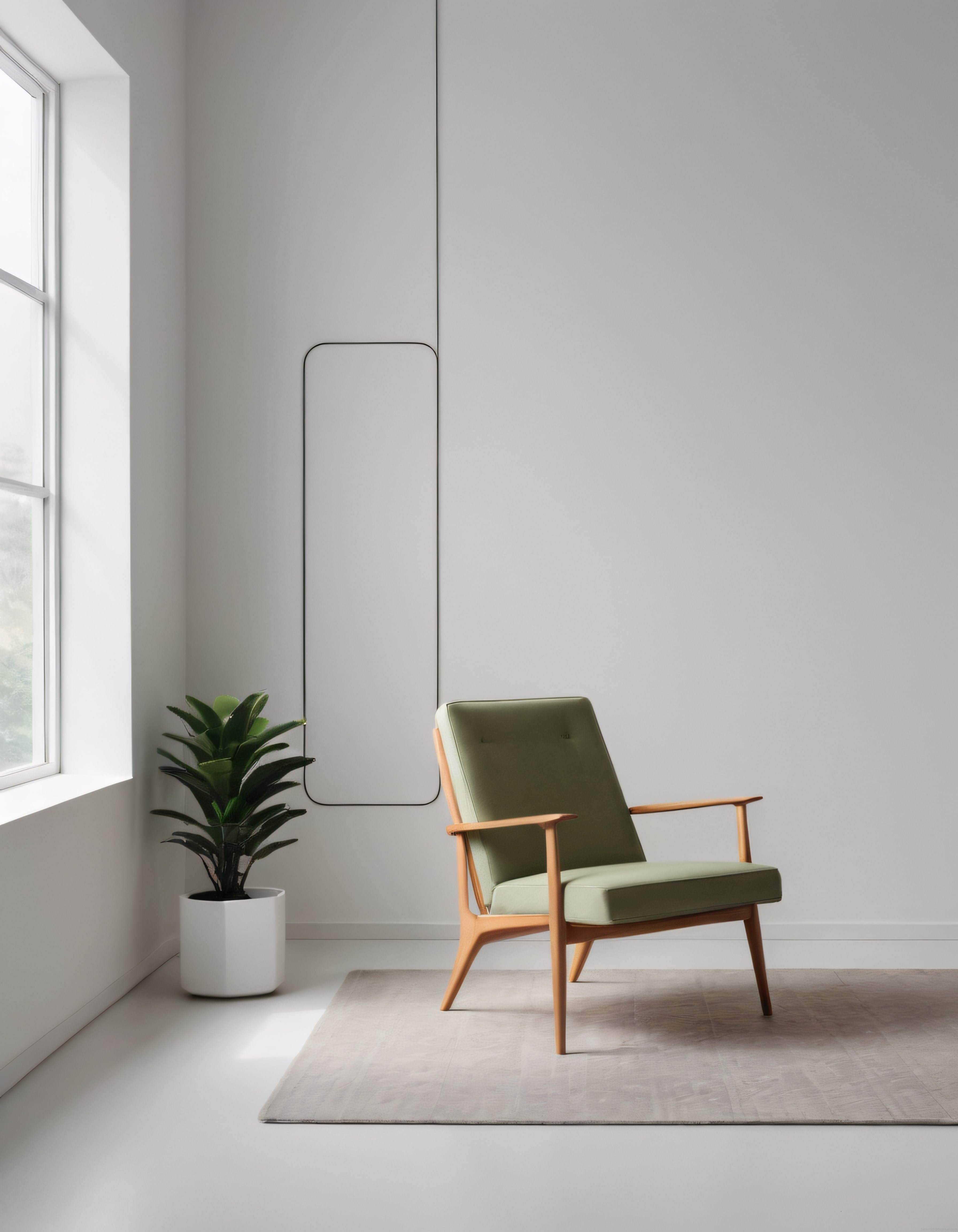 Minimalist Oturma Odası: Yeşil Sandalye ve Doğal Işıkla Huzurlu Köşe