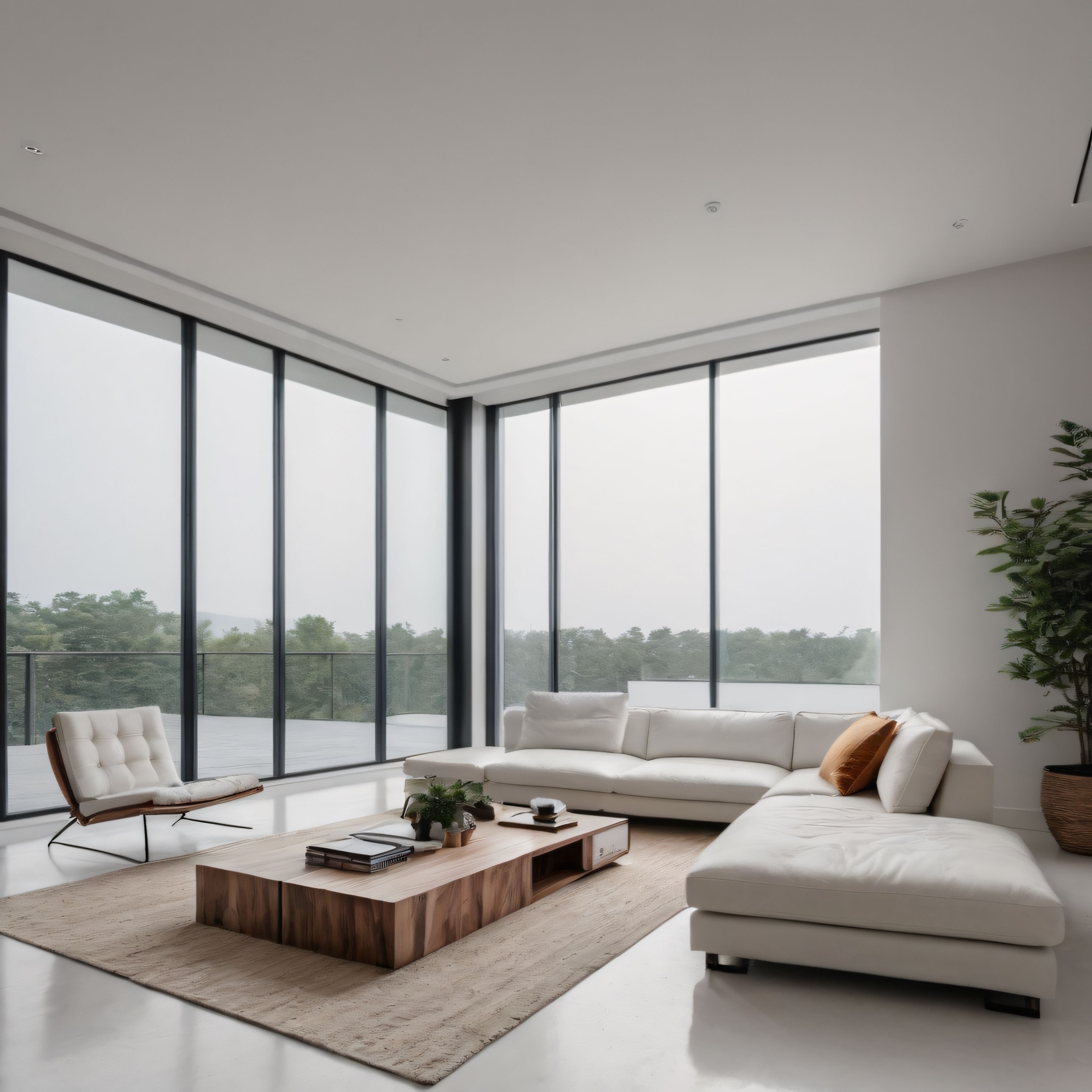 Minimalist oturma odasında geniş pencereler, doğal ışık ve sakin yeşil manzara