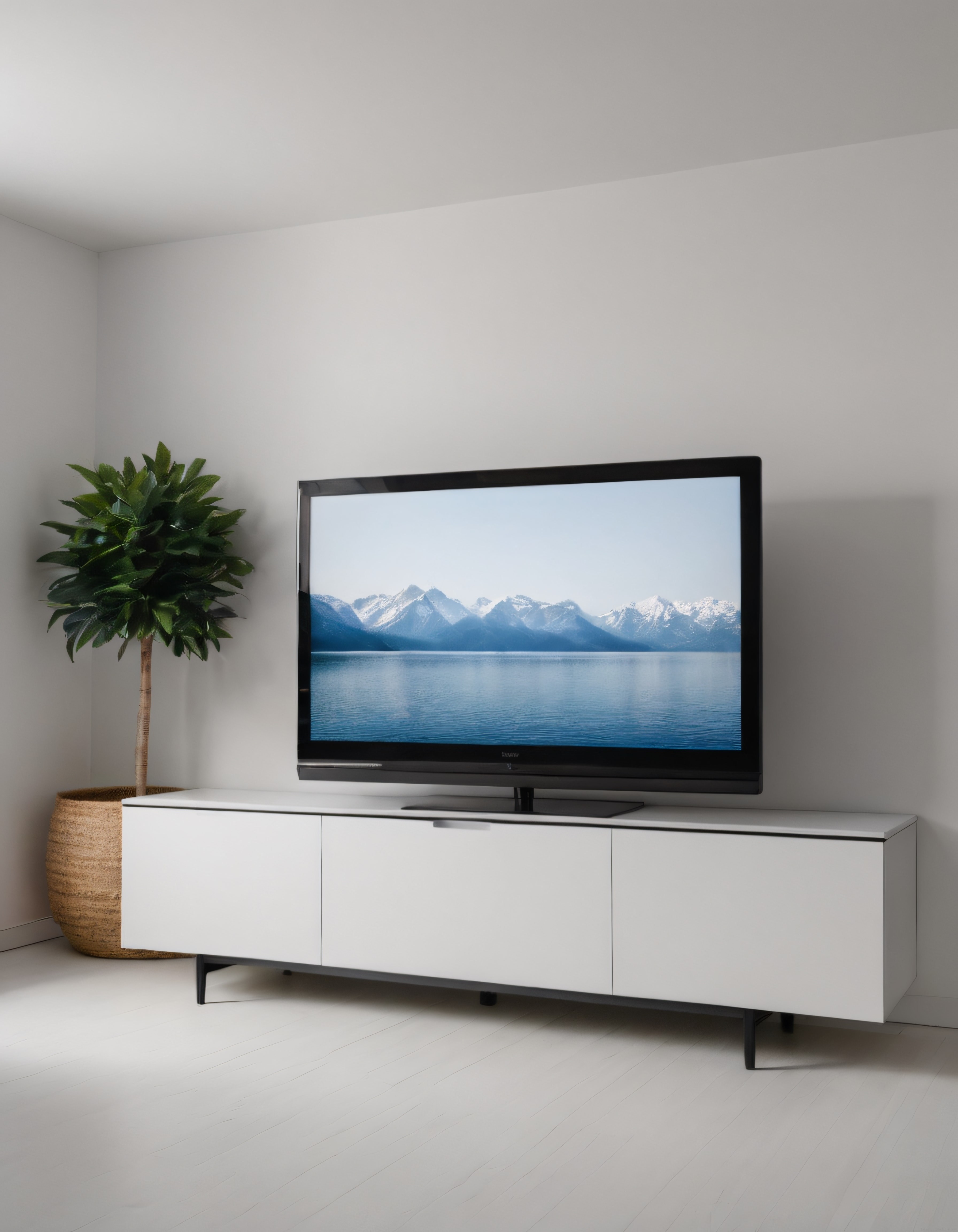 Minimalist Oturma Odasında Şık TV Ünitesi ve Doğal Bitki Uyumu
