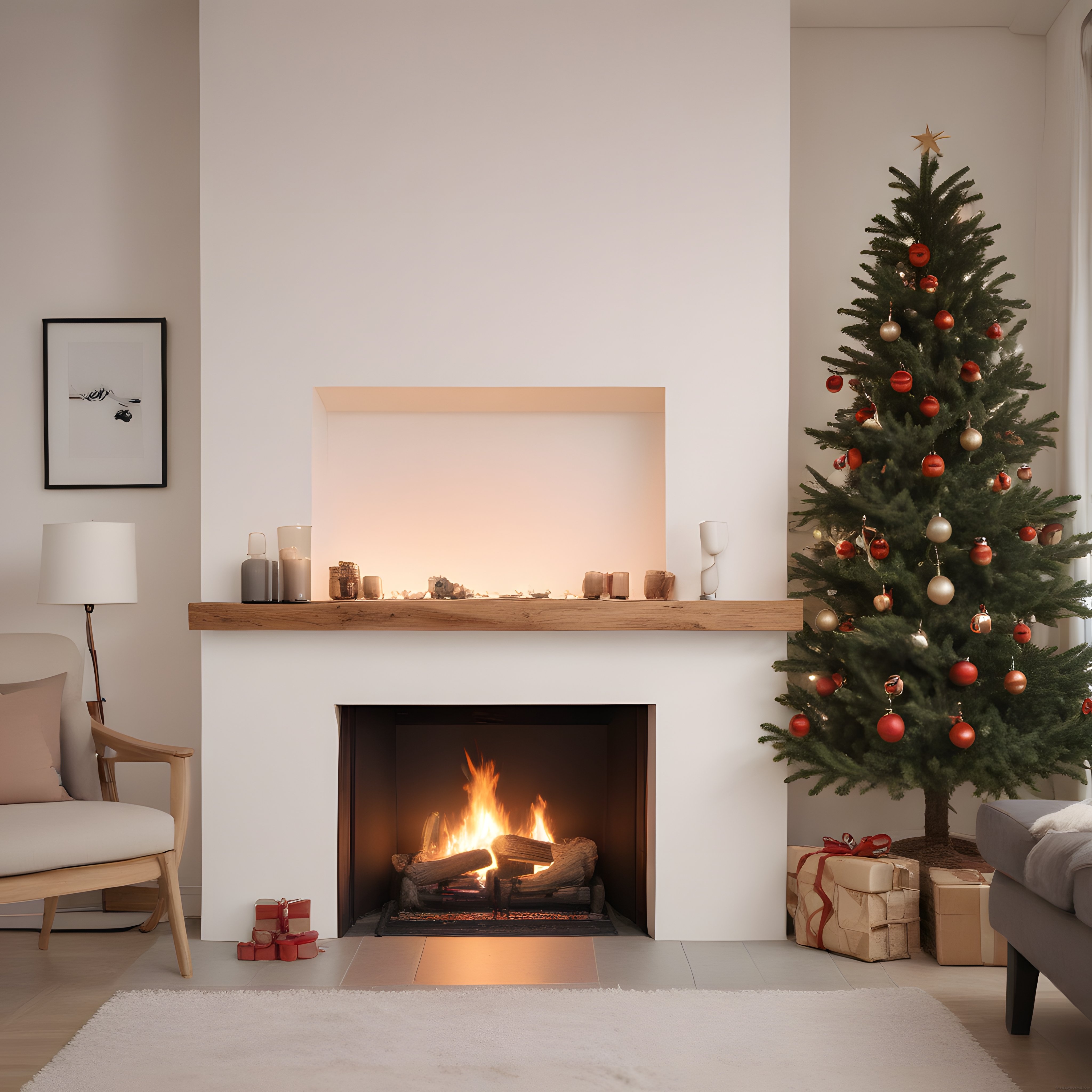 Minimalist Oturma Odasında Şömine ve Süslenmiş Noel Ağacı ile Sıcak Yılbaşı Atmosferi