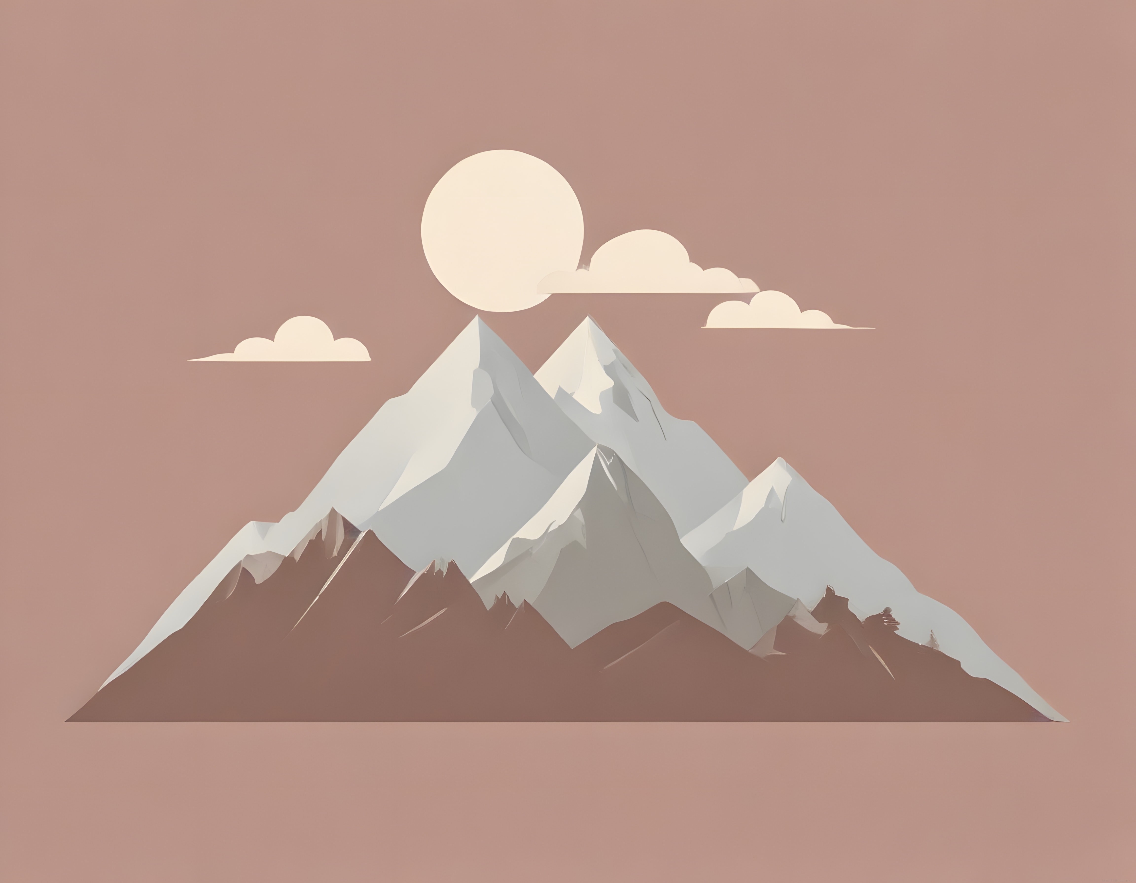 Minimalist Pastel Renklerde Karlı Dağ Zirveleri ve Dolunay İllüstrasyonu
