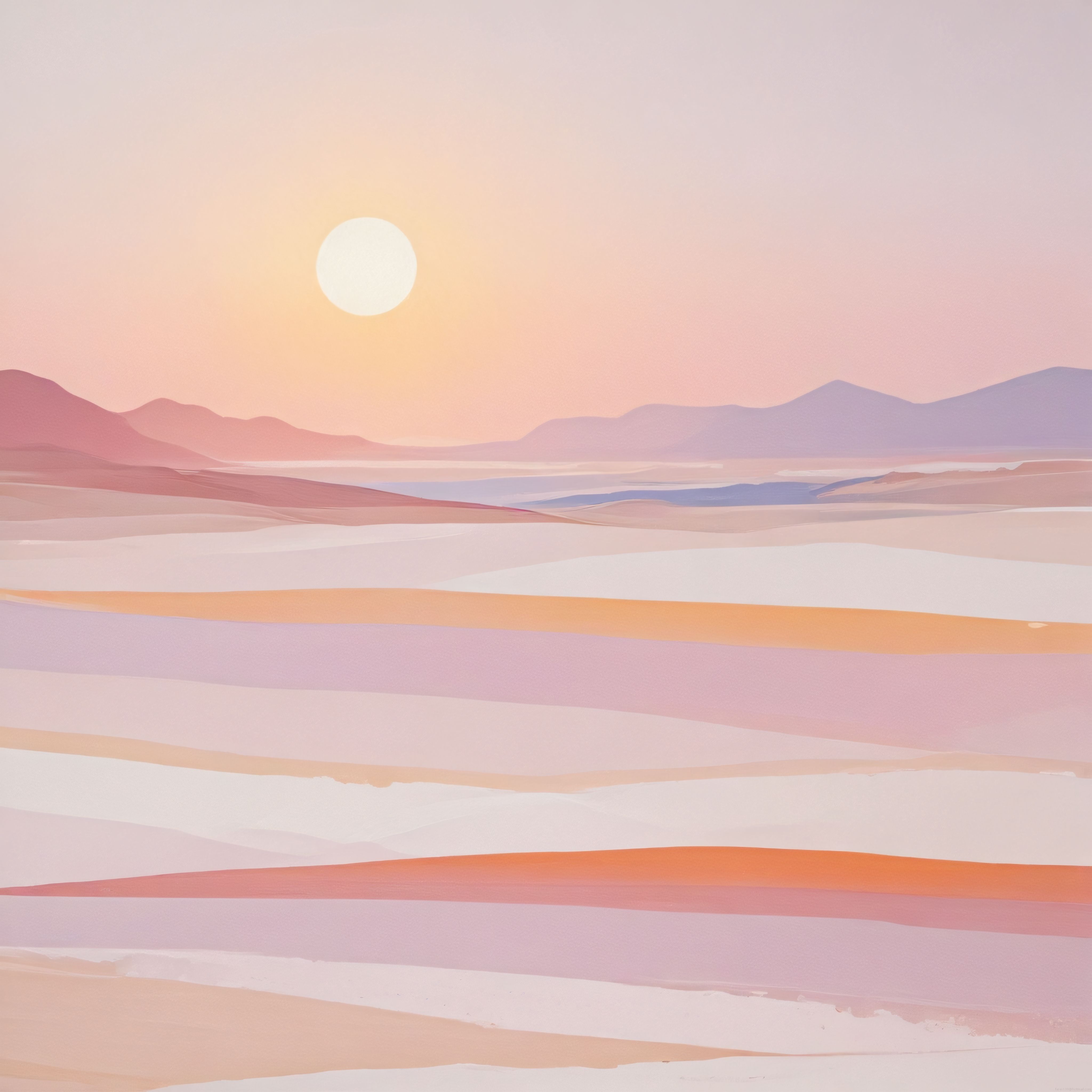 Minimalist Pastel Tepelerde Büyük Güneş ve Yumuşak Tonlarda Huzur Manzarası
