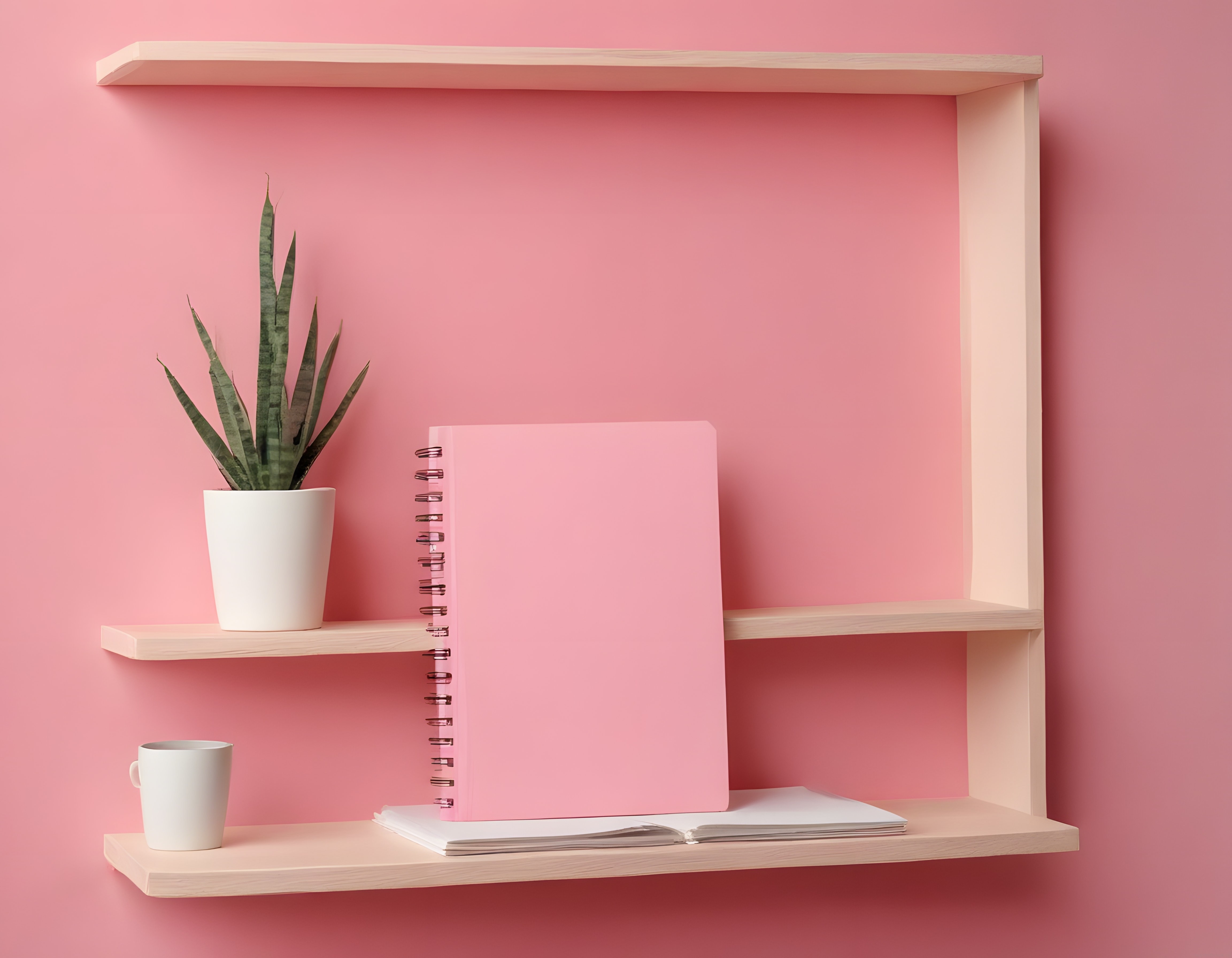 Minimalist Pembe Arka Planda Ahşap Raf Dekorasyonu ve Ofis Düzeni