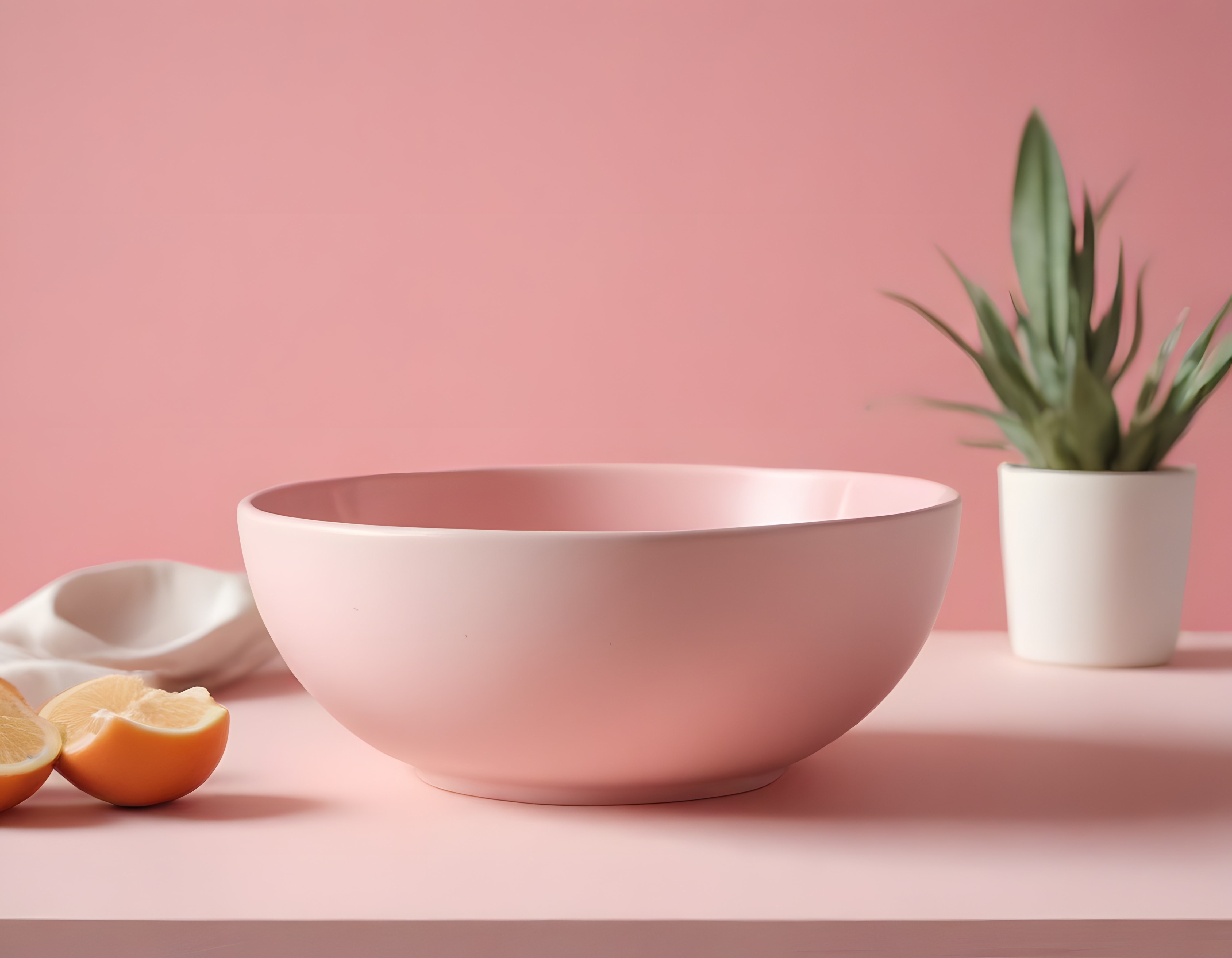 Minimalist Pembe Arka Planda Modern Beyaz Kase ve Dekoratif Bitki