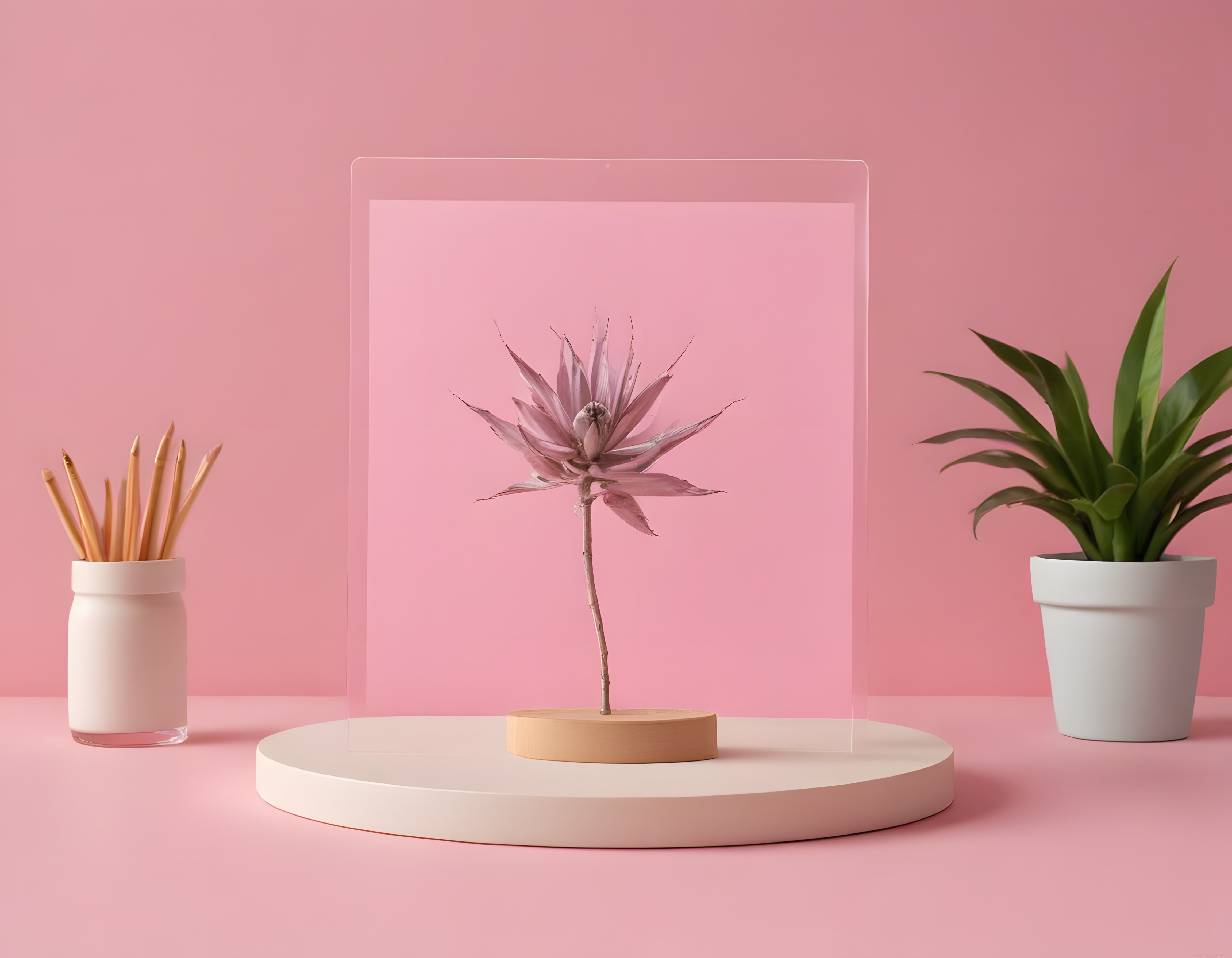 Minimalist pembe arka planlı dekoratif bitki ve ürün sunum stüdyosu