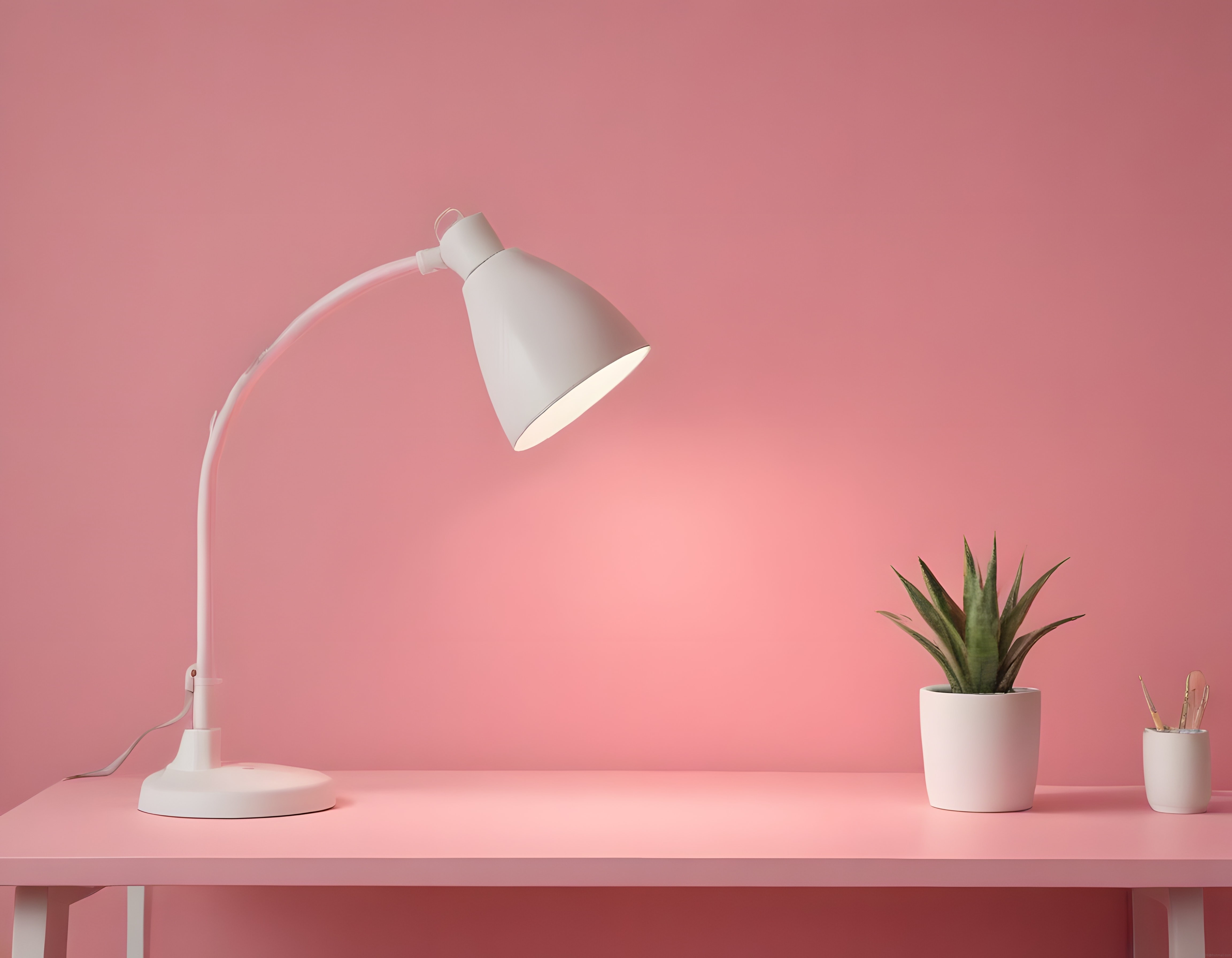 Minimalist Pembe Çalışma Masası Dekoru, Beyaz Masa Lambası ve Sukulent