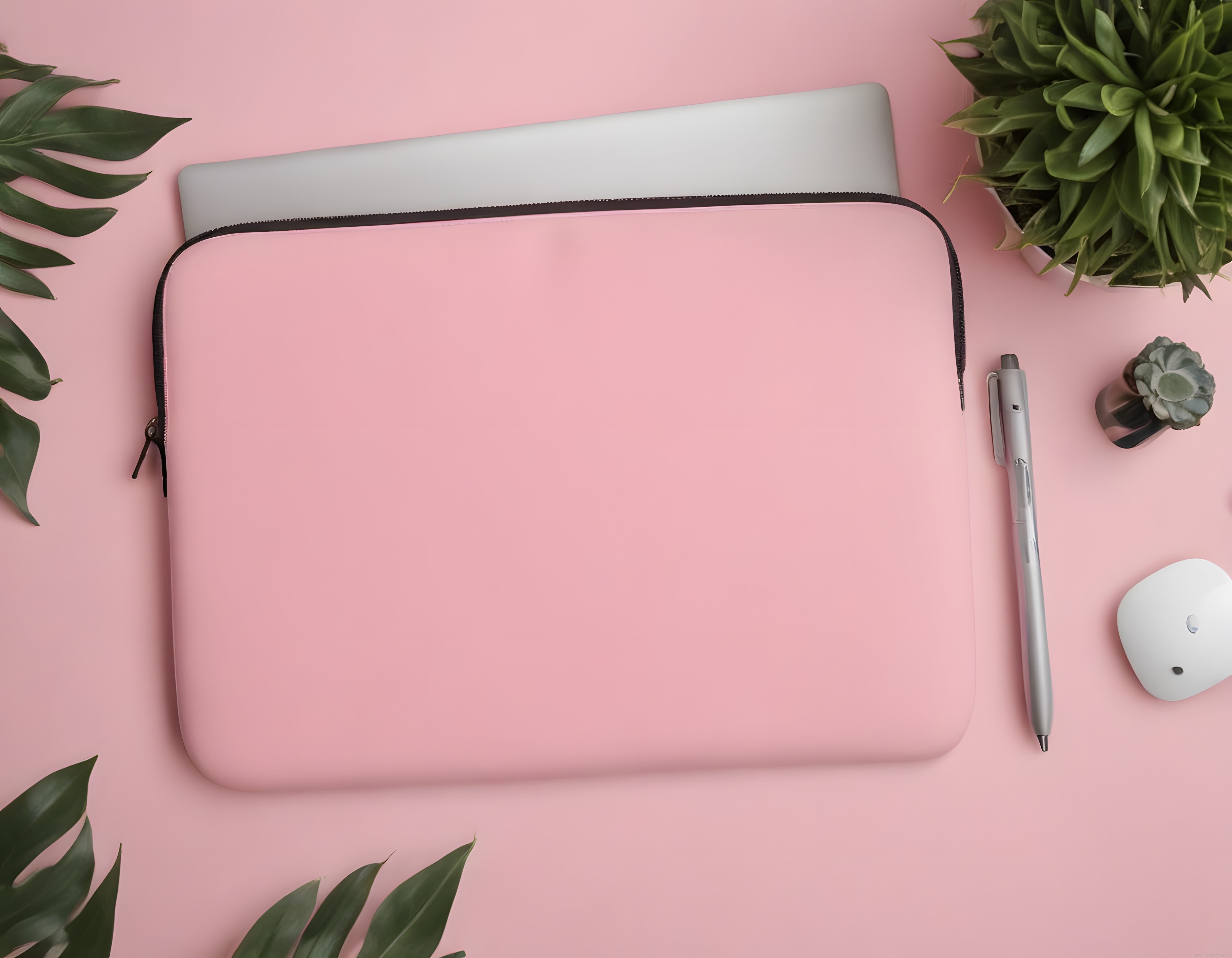 Minimalist Pembe Laptop Çantası ve Ofis Masası Düzeni Görseli