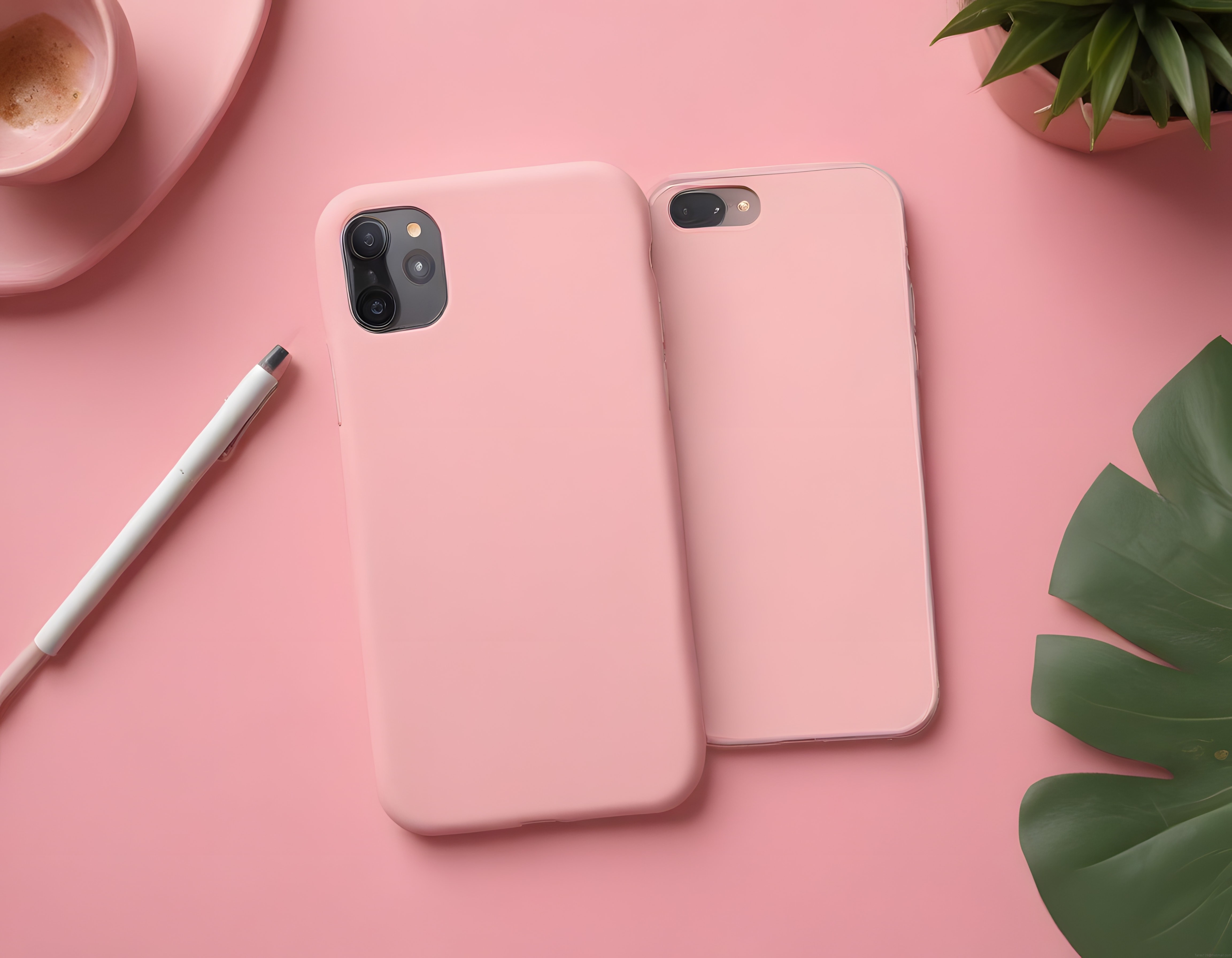 Minimalist pembe zeminli telefon kılıfı ve ofis aksesuarları düz çekim