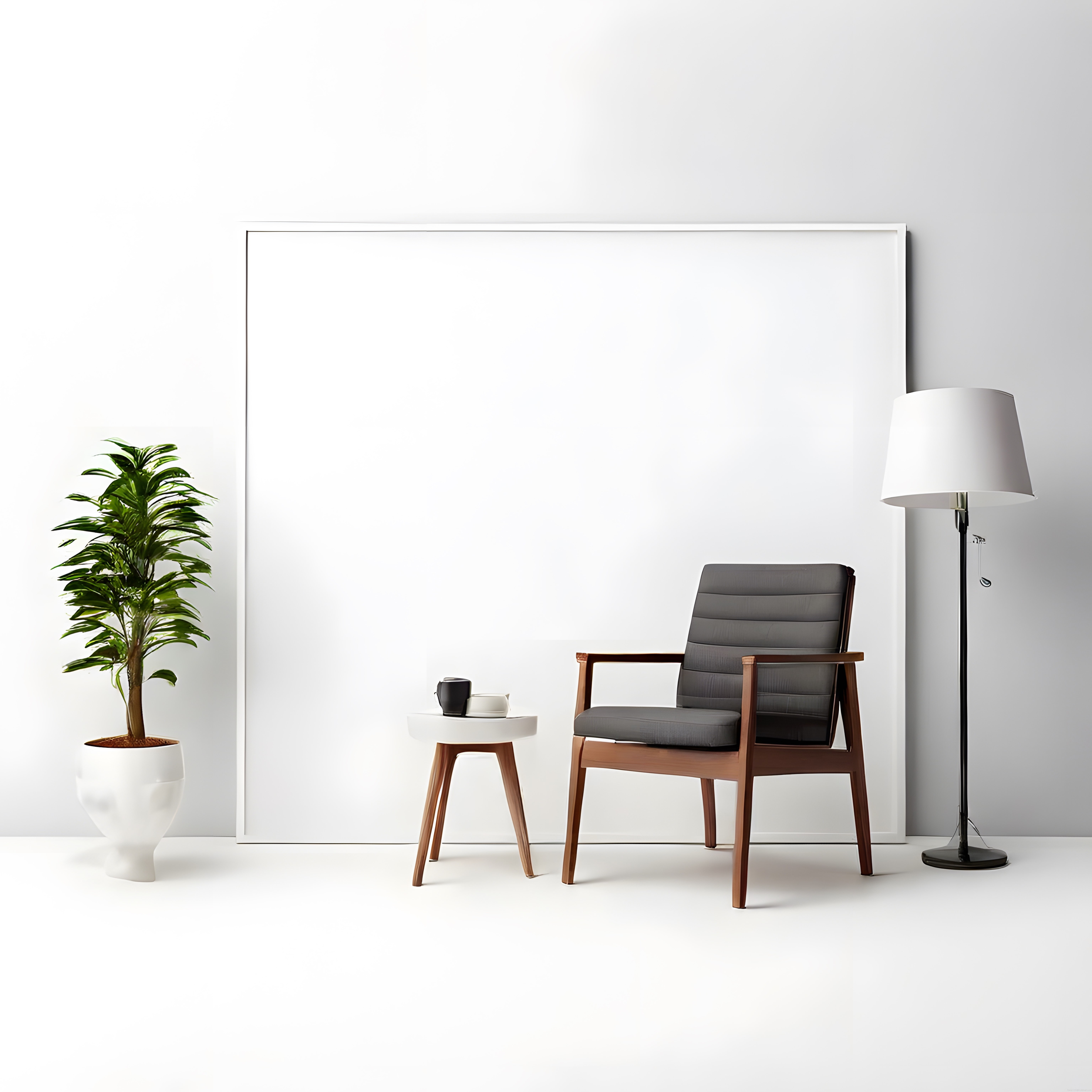 Minimalist Salon Dekorasyonu: Beyaz Duvar, Ahşap Mobilya ve Boş Çerçeve